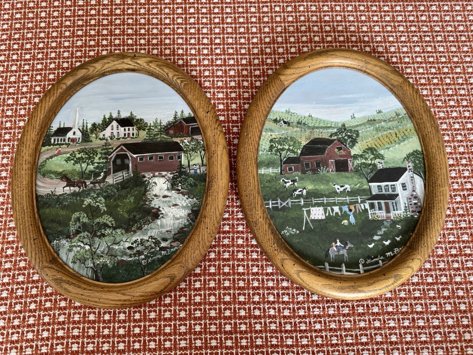 Vtg. Set Of 2 Oval Original Oil Paintings Barn Farm Life Scene Signed By Artist