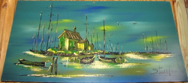 Vintage MID CENTURY MODERN Acrylic on Board PAINTING Signed STUART 24×48