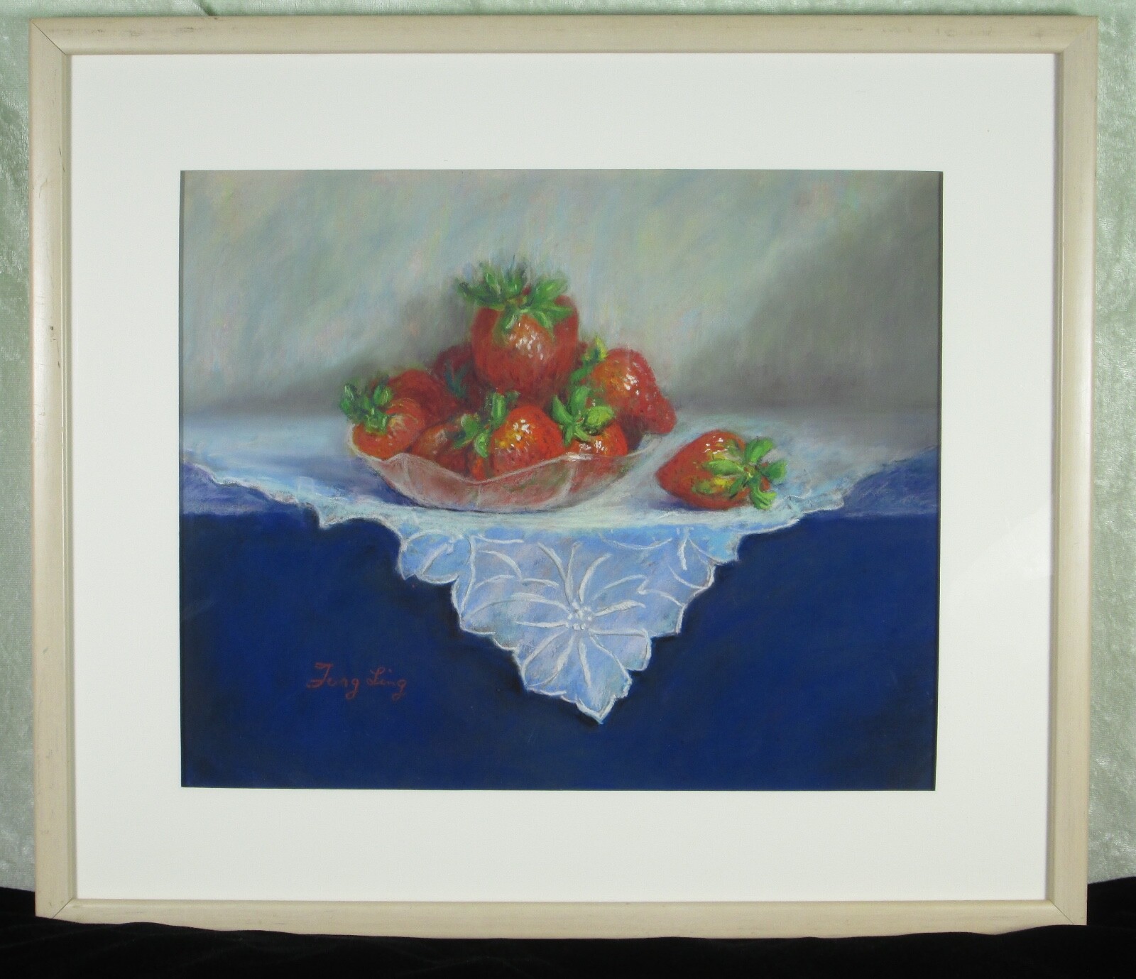 Fong Ling Pastel Painting Drawing Strawberries in Bowl Framed 19 W 16-1/2in Tall