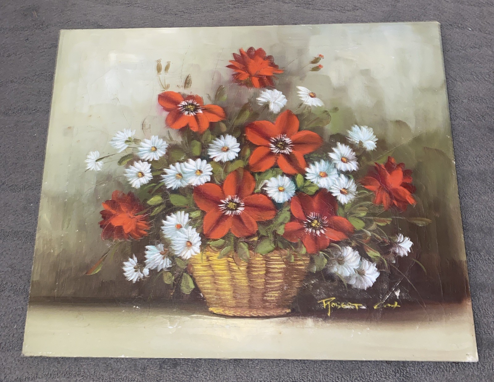 Vtg Signed Robert Cox Oil on Canvas Red Floral Daisies Still Life 24” X 20”