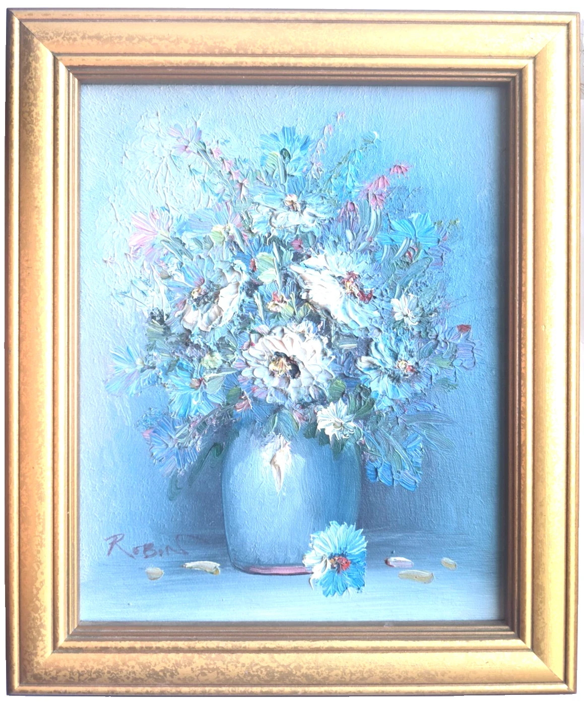 VTG Original HOLMAN Acrylic Bouquet in Vase Oil Painting of Robin signed 12”x10”