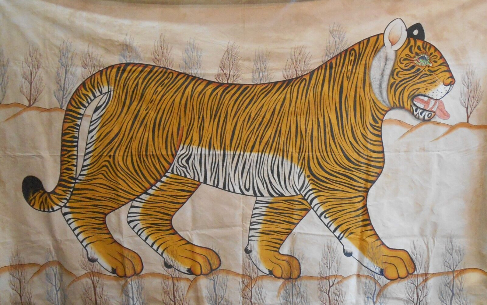 1980 Wildlife Tiger Miniature Decorative Art Wall Hanging Hand Painted on Cotton