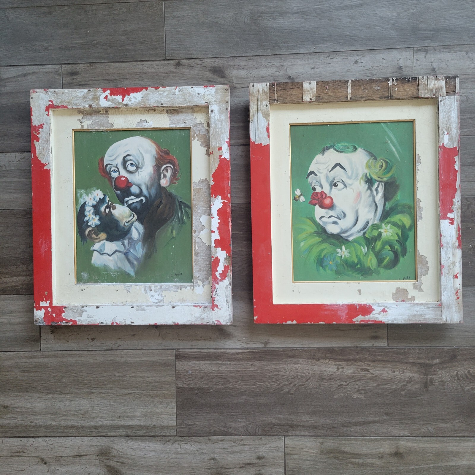 Pair of Vintage Clown Paintings 1940s Distressed Frames Monkey and Bumble Bee