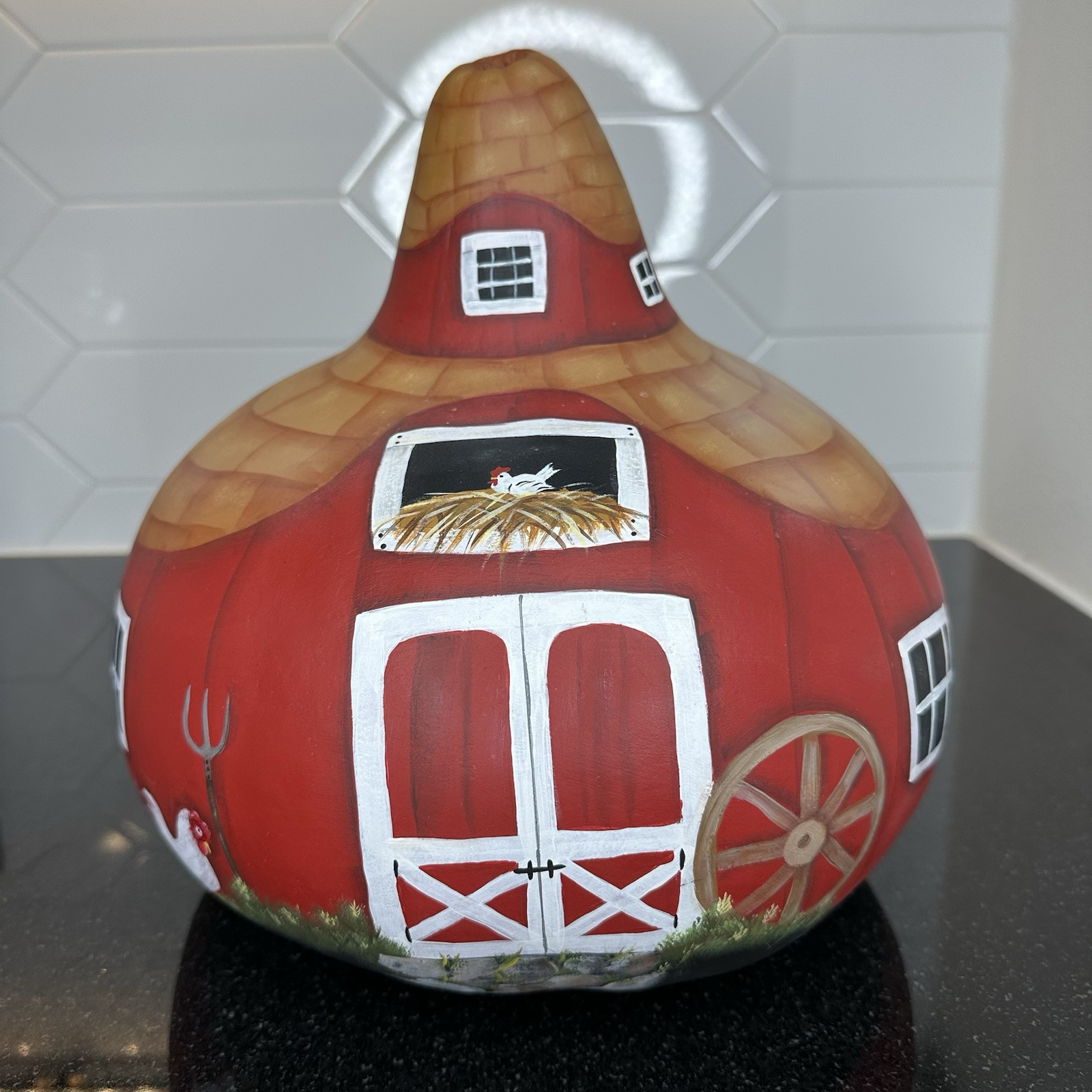 Hand Painted Folk Art Gourd Americana Chickens Farm House Country Kitchen 11” In