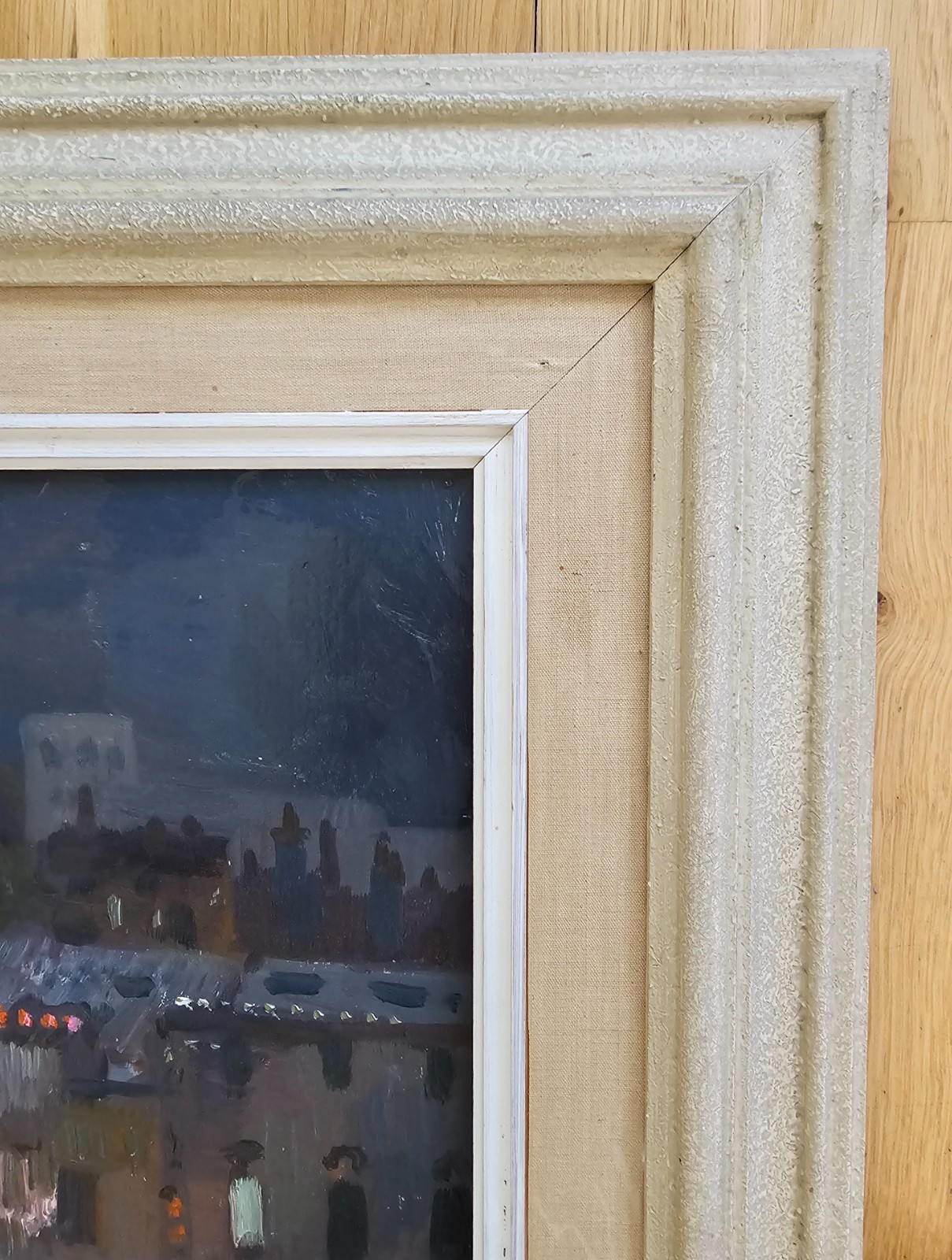 ATMOSPHERIC MID CENTURY SCANDINAVIAN PAINTING CITYSCAPE AT DUSK TADEUSZ KAMASA