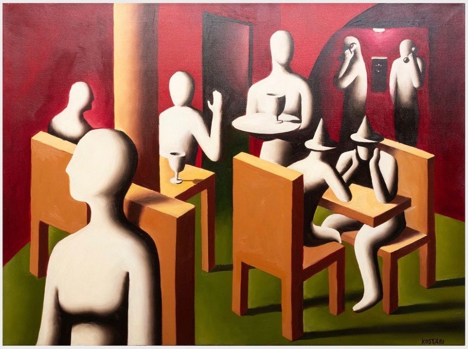 Listed Artist Mark Kostabi (b. 1960) Signed Oil Painting «Restaurant» c.1982