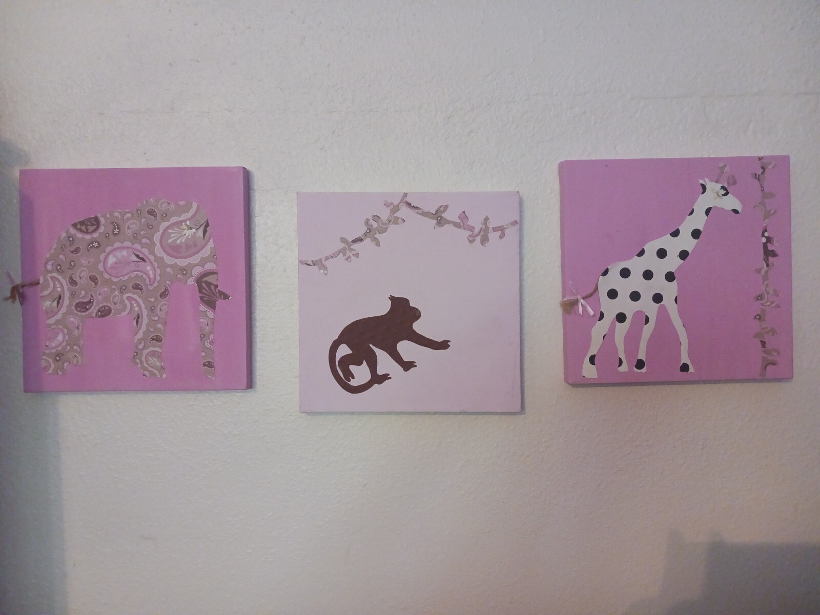 Custom Nursery Art Baby Girl Animals Pink Set Of 3 Canvis Painting Elephant