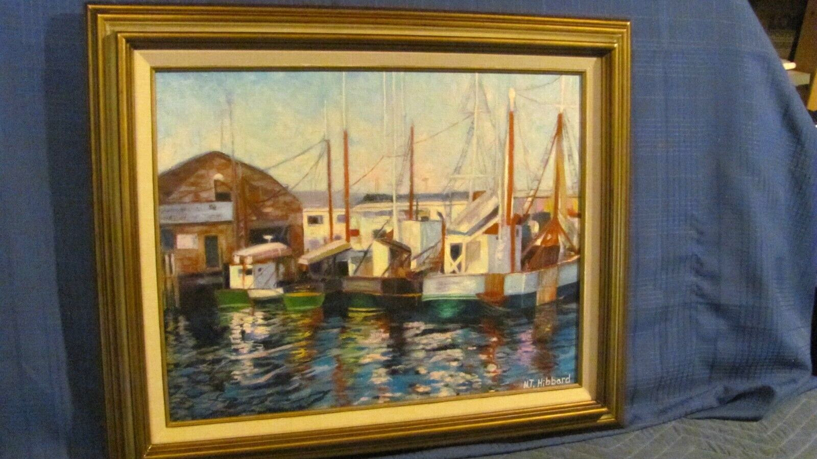 «H.T. Hibbard» Rockport/Cape Ann Oil Painting Fishing Boats in Harbor