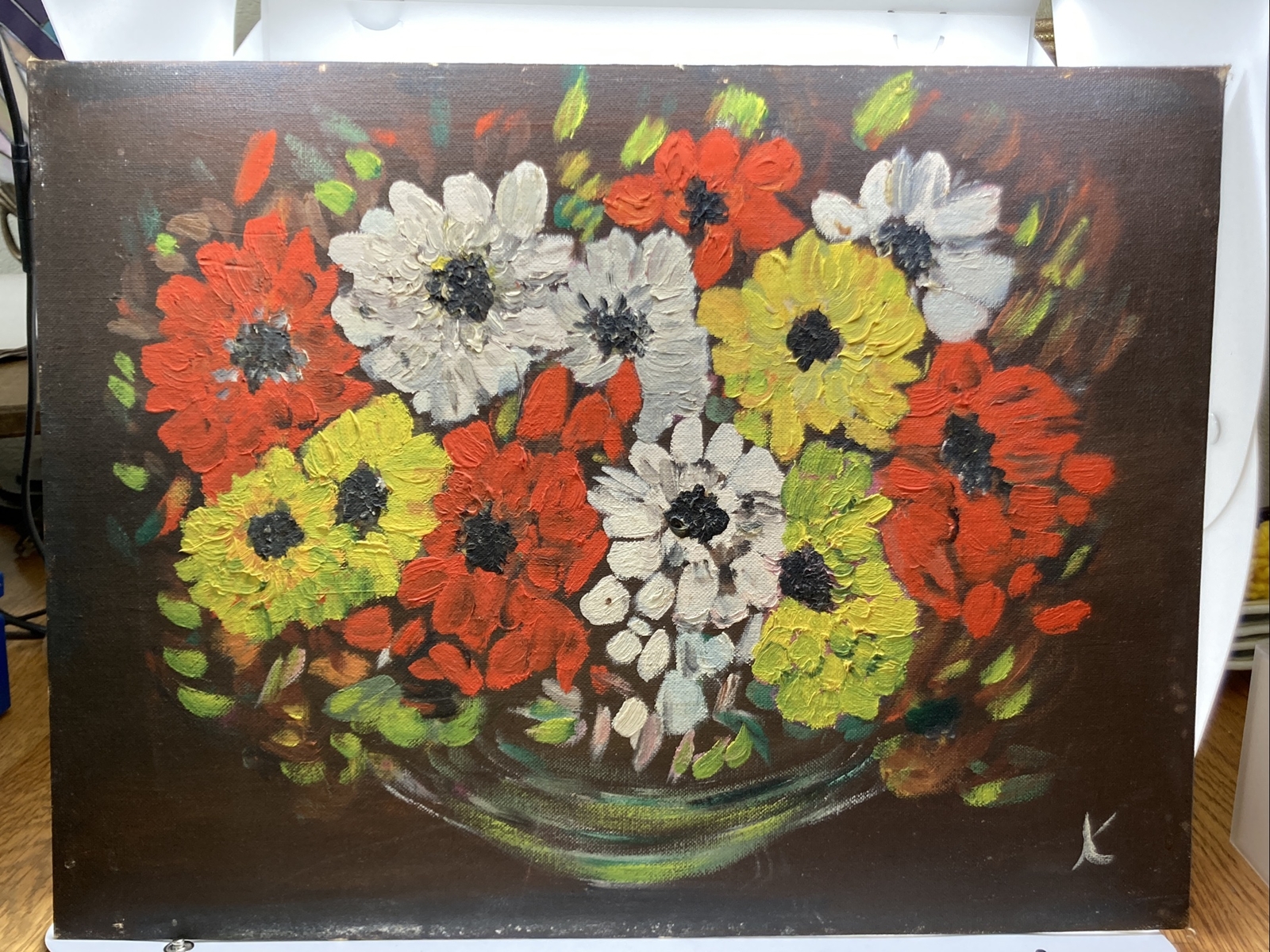 Vintage Original 1970’s Retro Zinnias Free Hand Oil Painting On Board 12″ x 16″