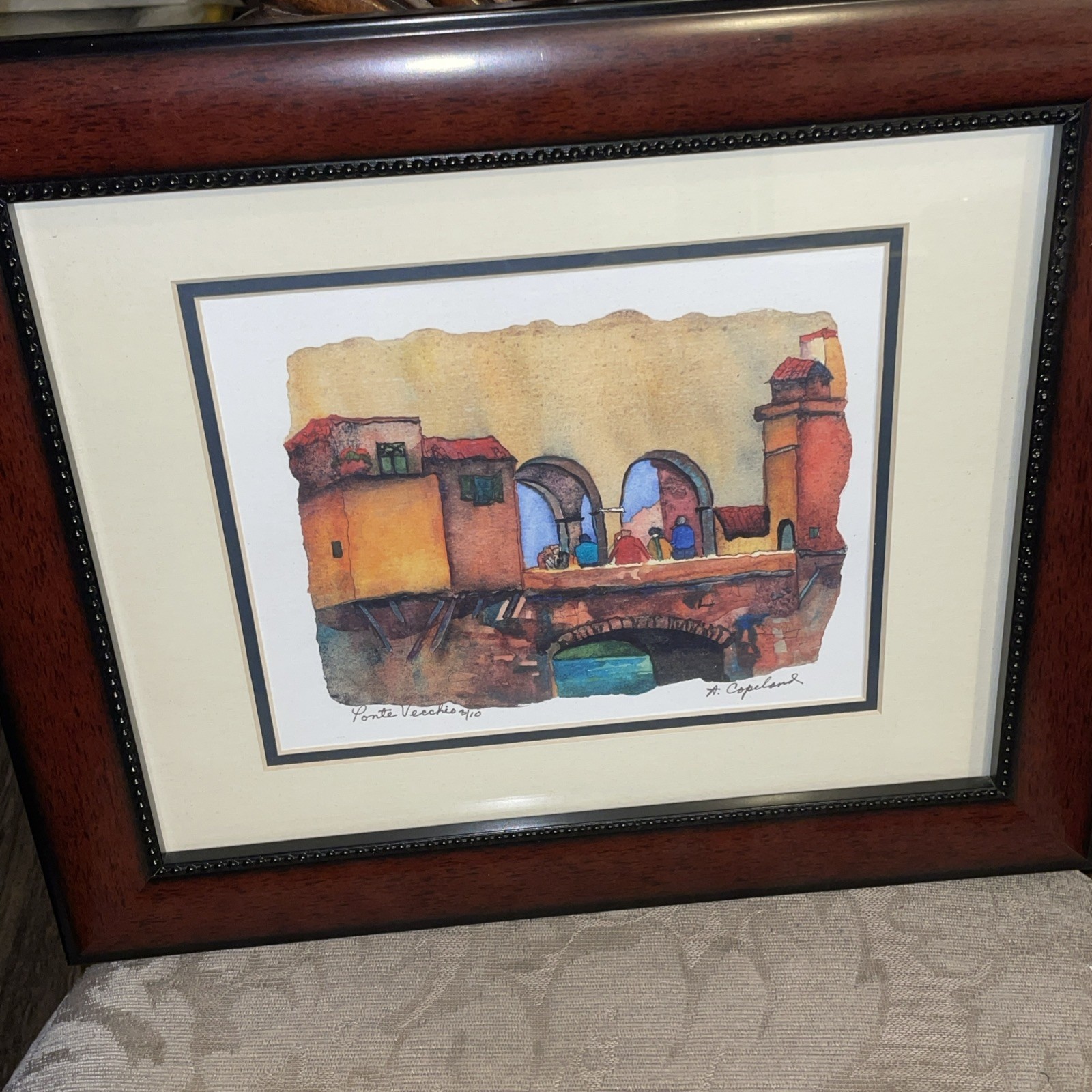 Signed Framed Limited Edition Water Color Painting Pointe Vecchio Bridge, Italy