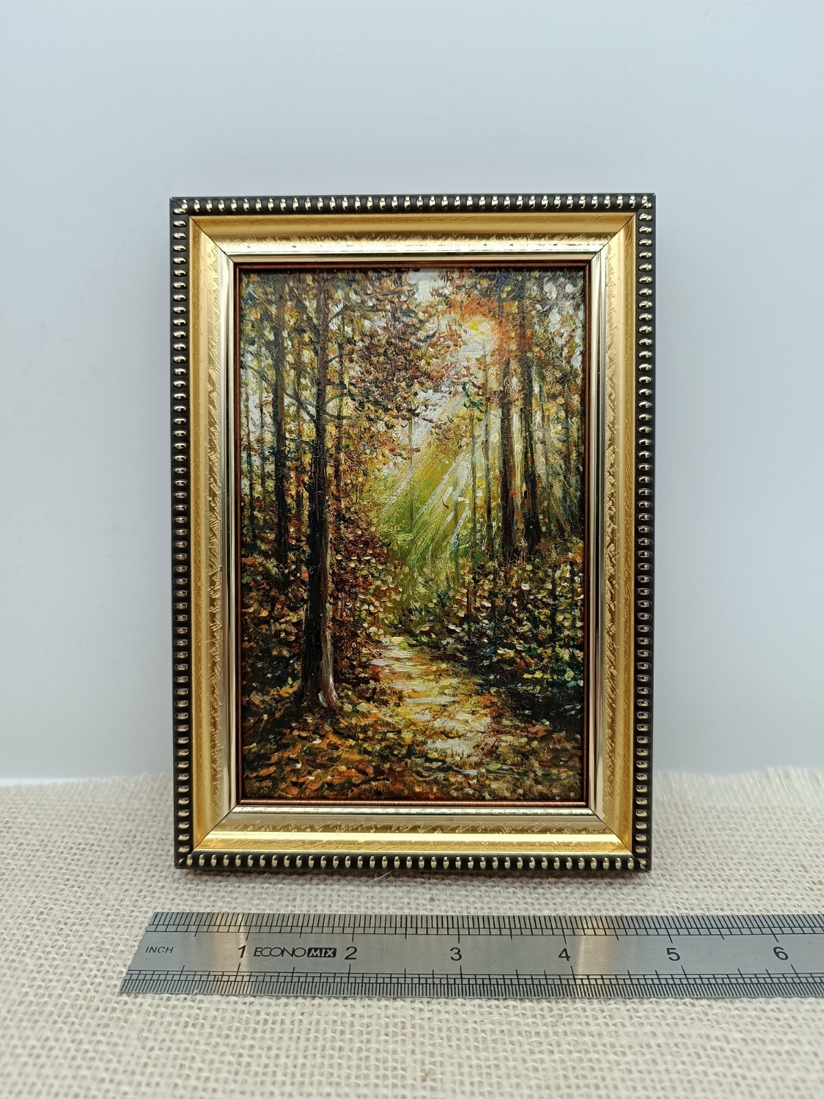 Forest Landscape Original Oil Painting 6×4 Framed Signed Autumn Woods Sunray Art