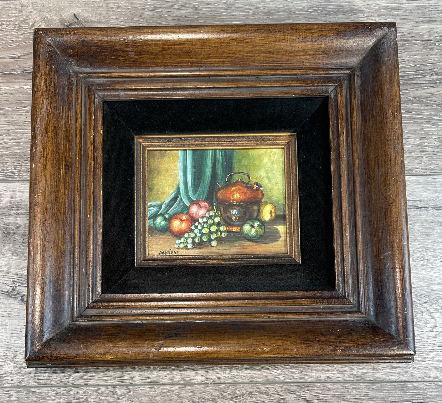 Vintage Still Life Oil On Board Painting By John Damian Fruit Framed Art 12×11