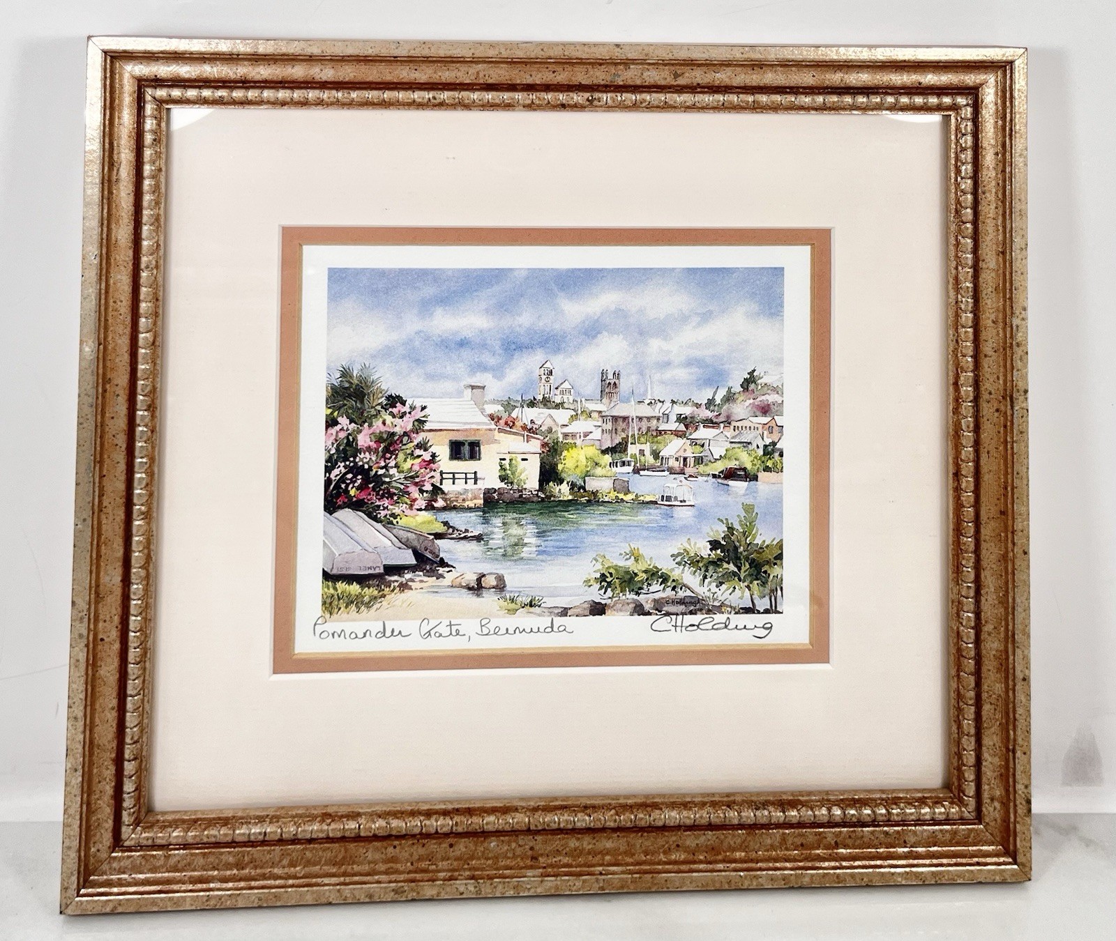 Framed C. Holding Signed POMANDER GATE BERMUDA Watercolor Print 11”x10”