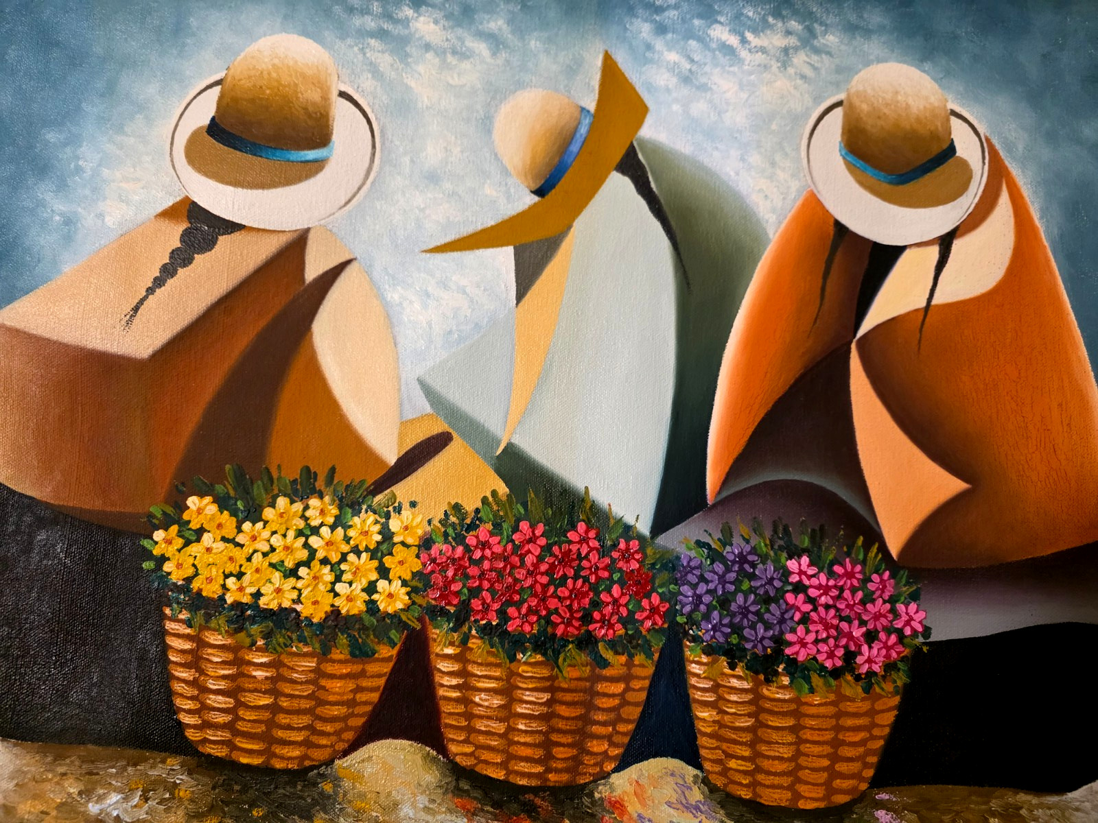 Peruvian Cubism Painting On Canvas Signed A Luna 24″ x 19 1/2″ Flower Shop