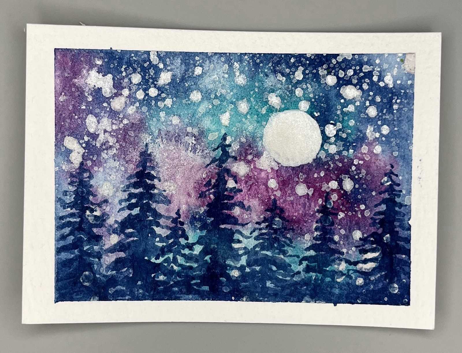 ACEO Original Art – Starry Night Forest Moon Trees – 3 of 4 2.5”x3.5” CCCArt_MJ