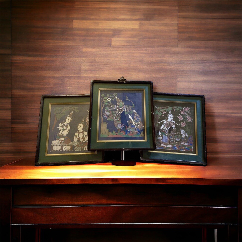 Vintage Thai Painting On Silk Framed Set of 3 Asian Wall Art 16×15 Brass Hanger