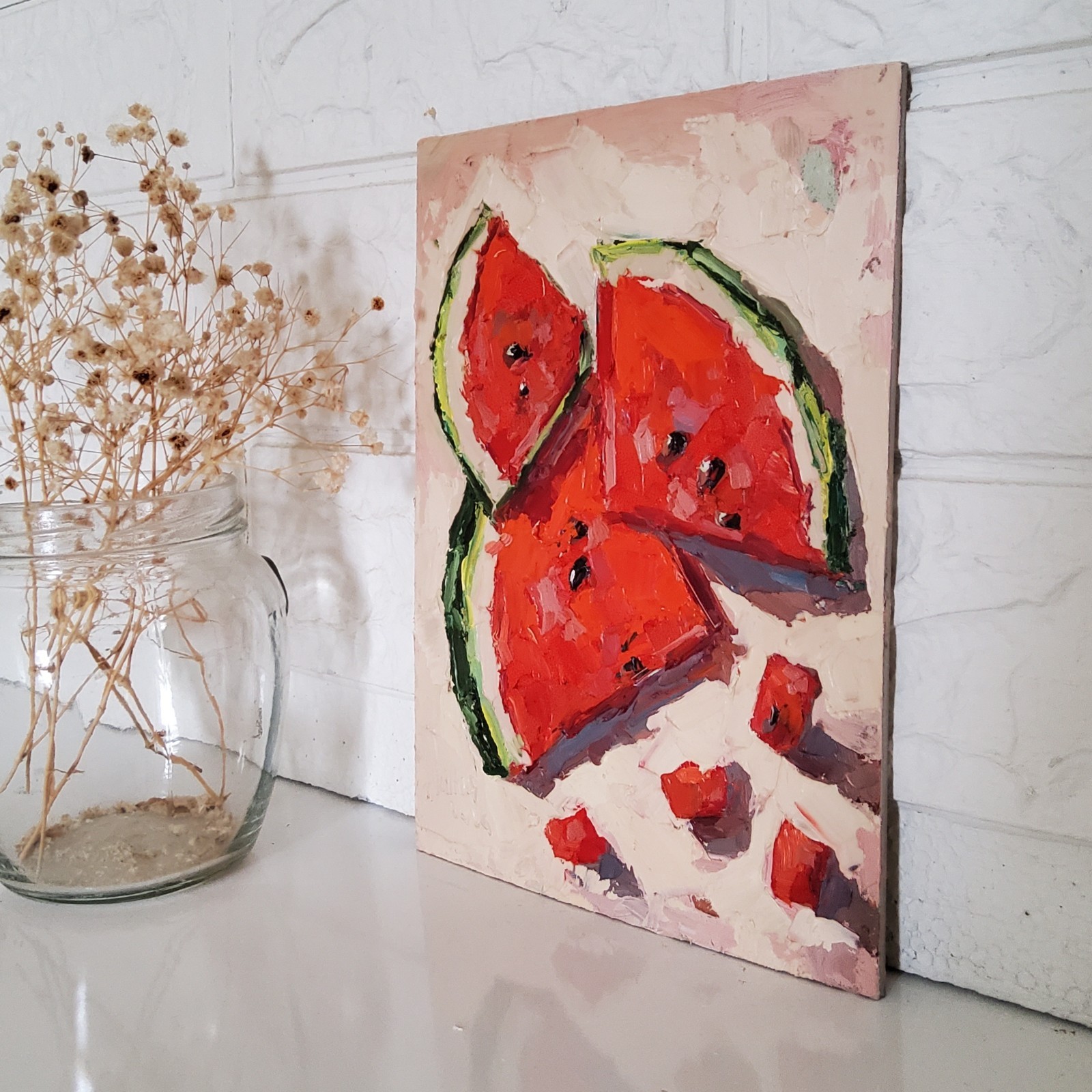 Watermelon Painting Original Oil Art Still Life Semi Abstract Wall Decor Painted