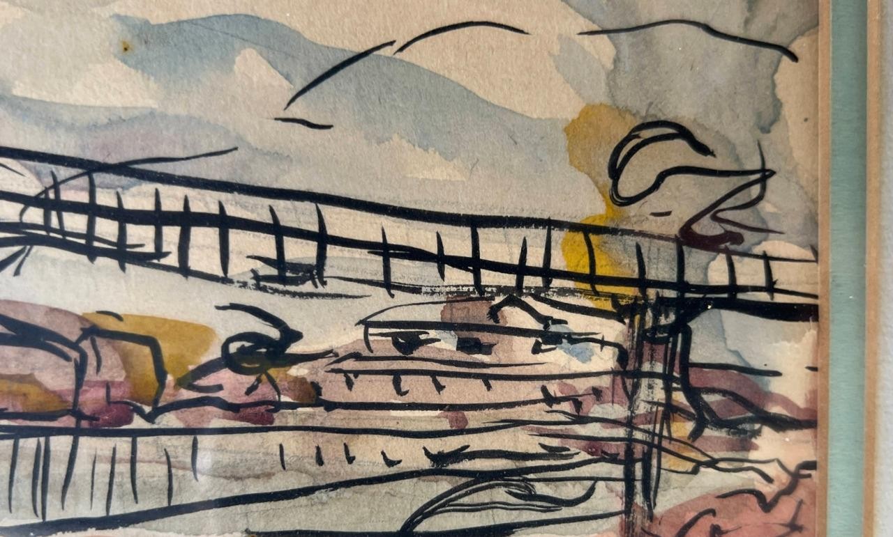 Vintage American Expressionism Watercolor Architecture Bridge Drawing Painting