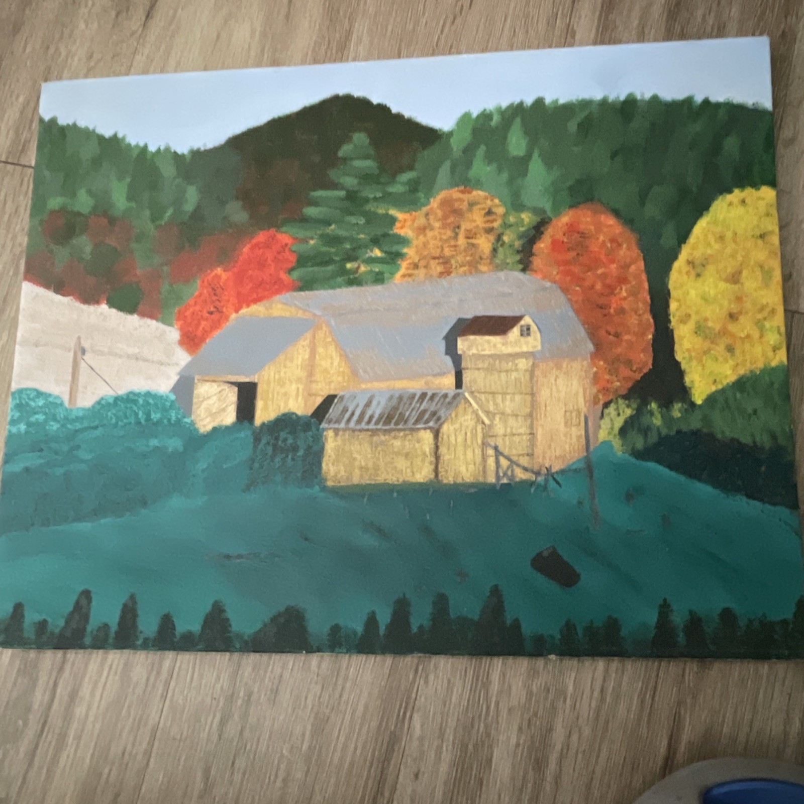 Folk Art Landscape Painting Barn & Autumn Trees Nature Architecture Unframed