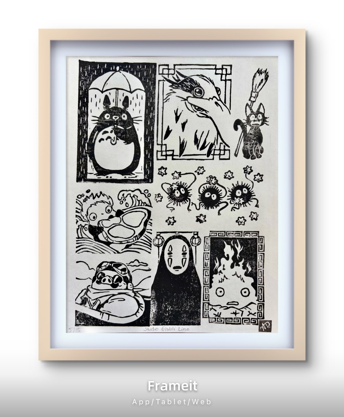 Original Studio Ghibli Linocut 5/15 Print By Alannah Dyer- 9×12 in. Hand Printed