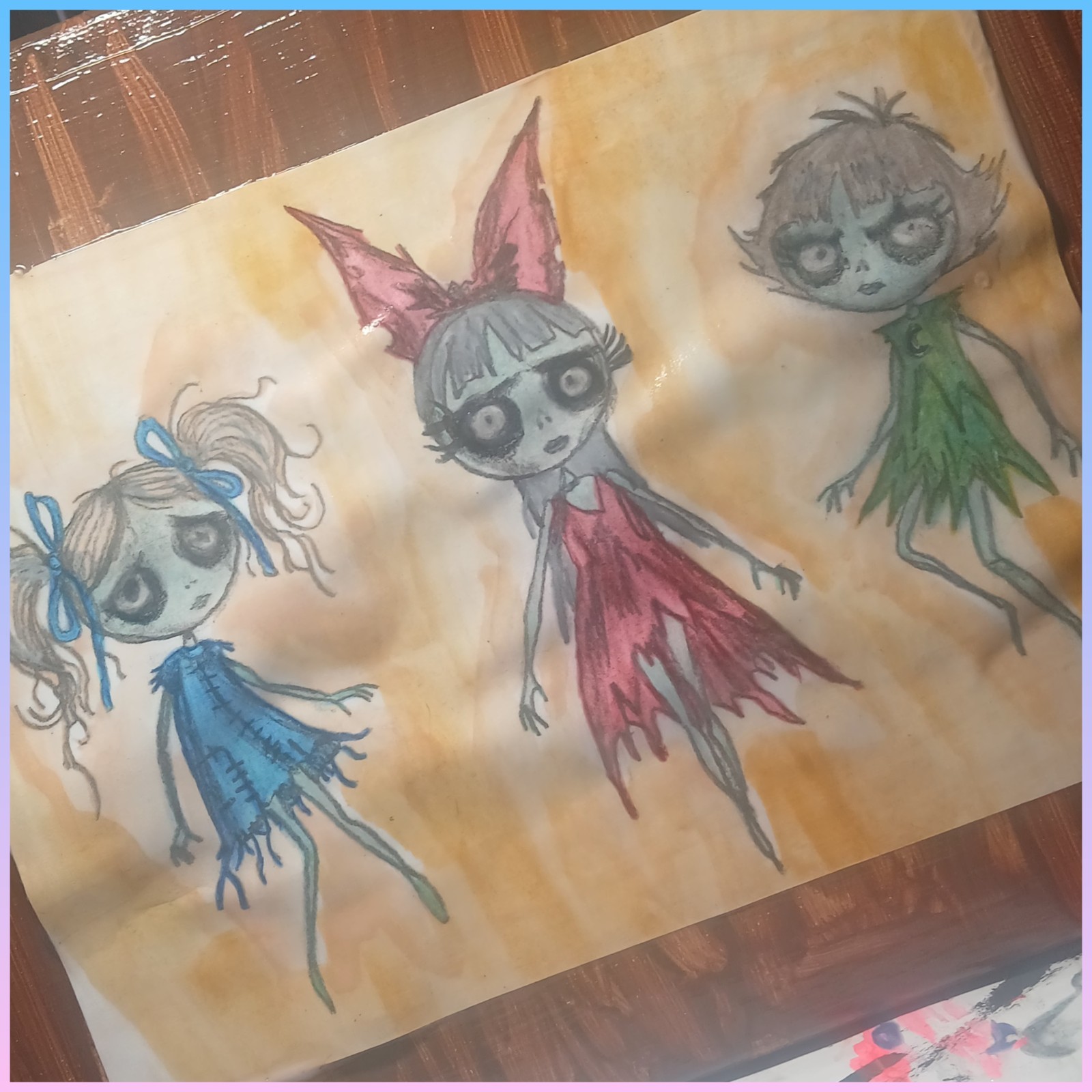 Tish Original Tim Burton Inspired Powerpuff Girls Mixed Media Painting Signed