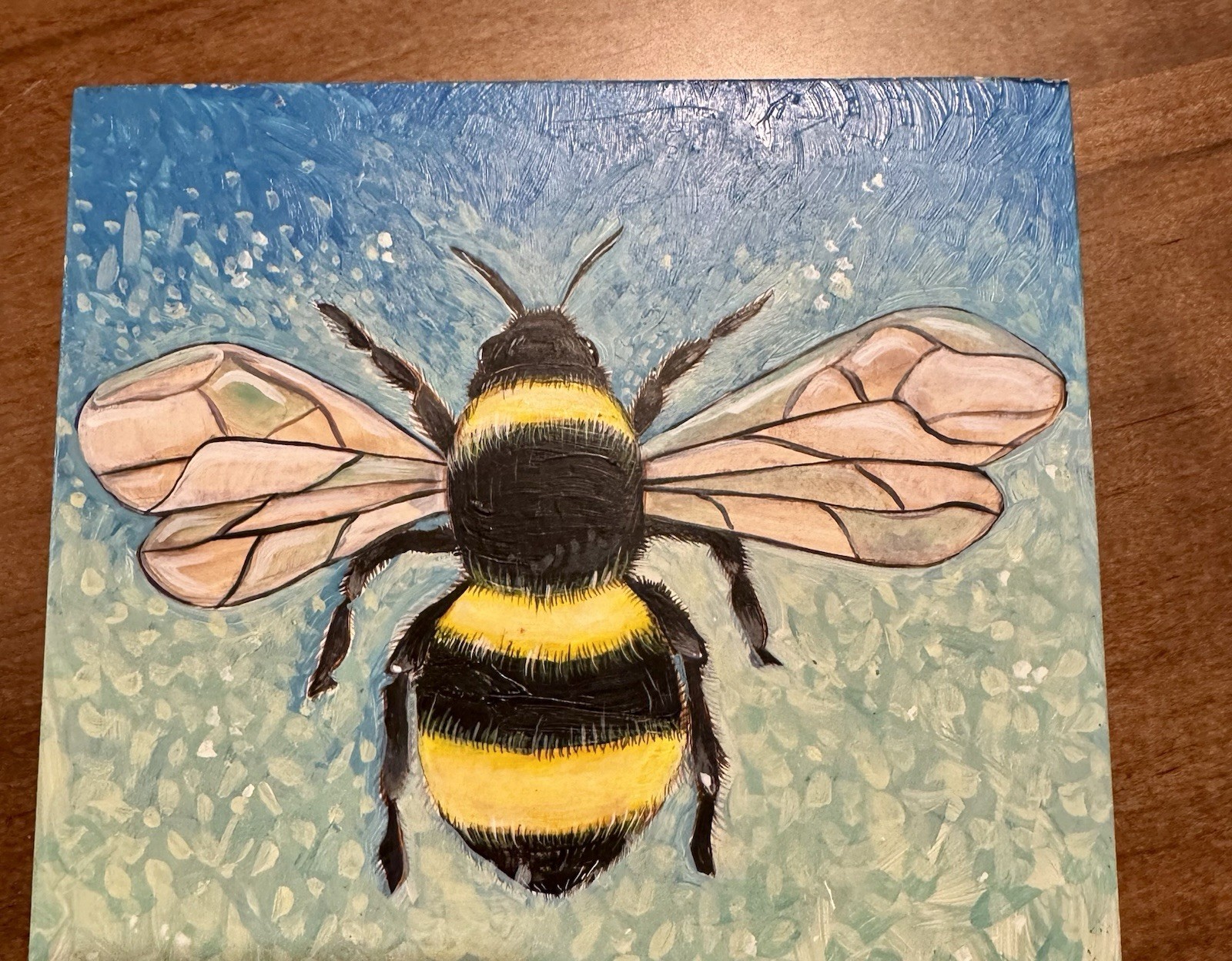 Bumblebee Honey Bee Honecomb original acrylic painting 12” x 6” x 1/2” outsider