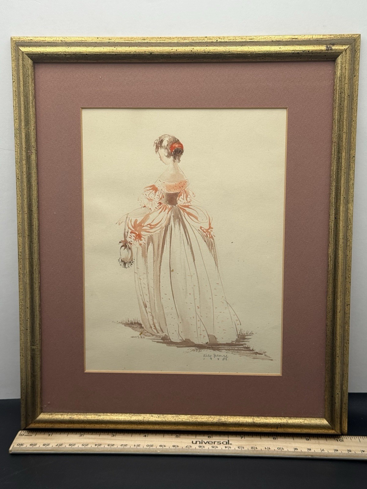 (#317) Vintage Original Watercolor Victorian Woman Holding Purse, Signed, 1948