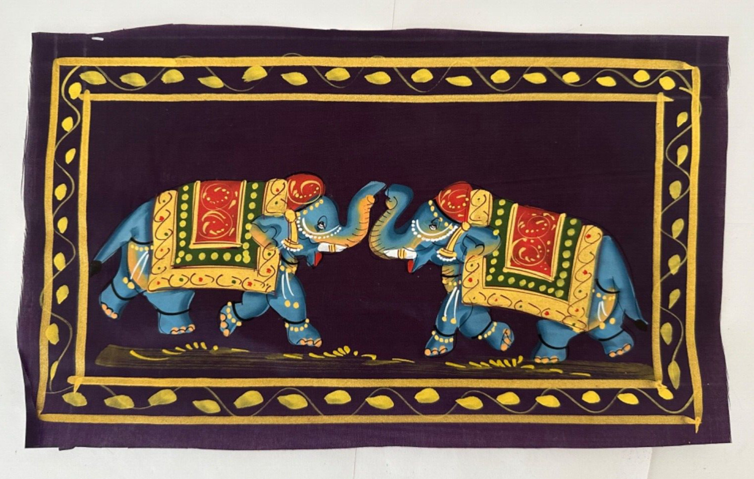 INDIA ELEPHANTS PAINTING ON PURPLE SILK 13 X 7 1/2 INCHES IN PLASTIC SHEET