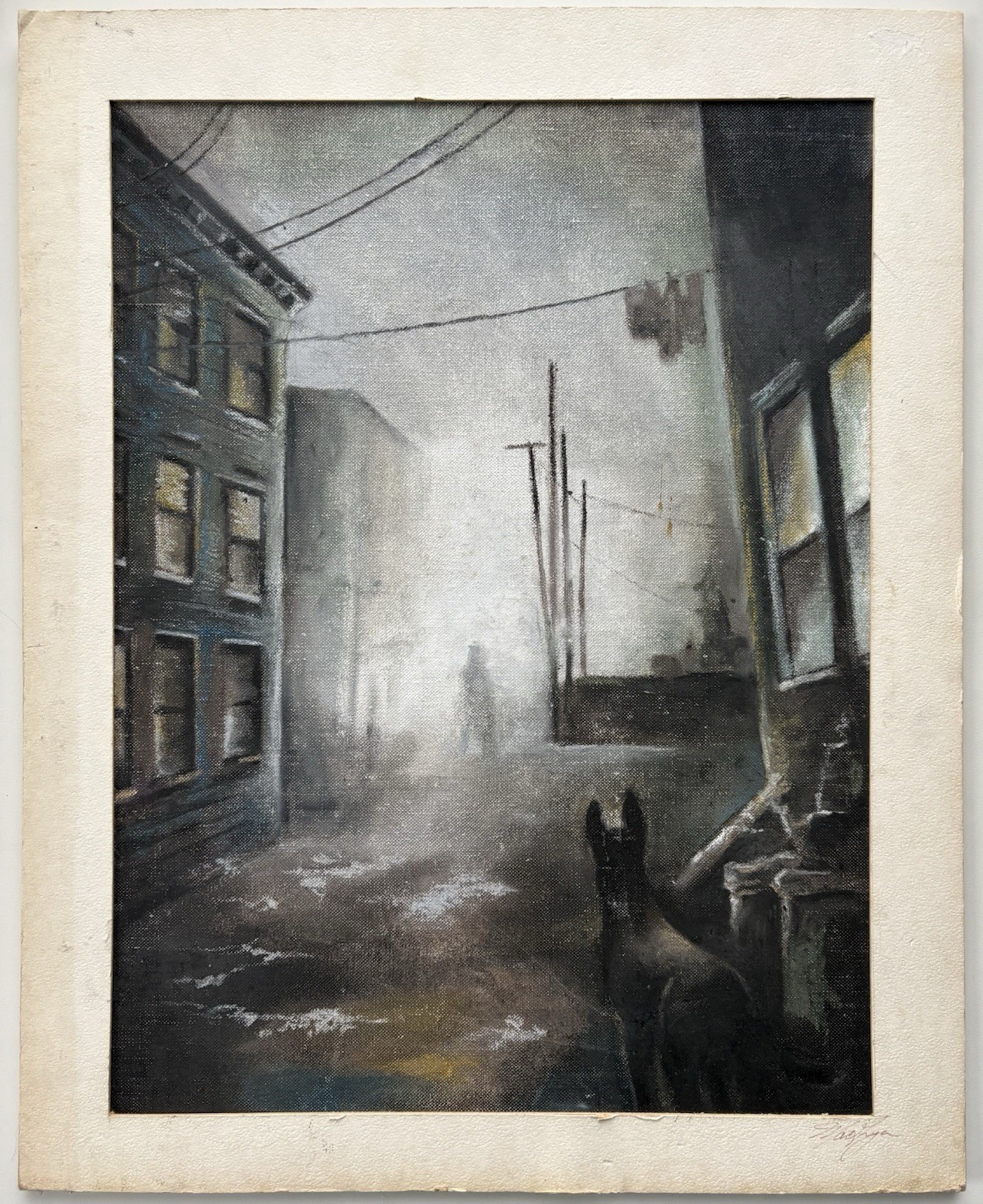 Dog Watching Ominous Figure Shadow Original Acrylic On Board Painting Signed