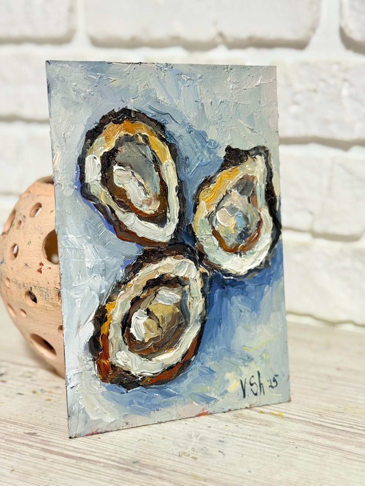 Oysters Original Oil Painting Fish Seafood Art Still life Kitchen Signed 8×5.5