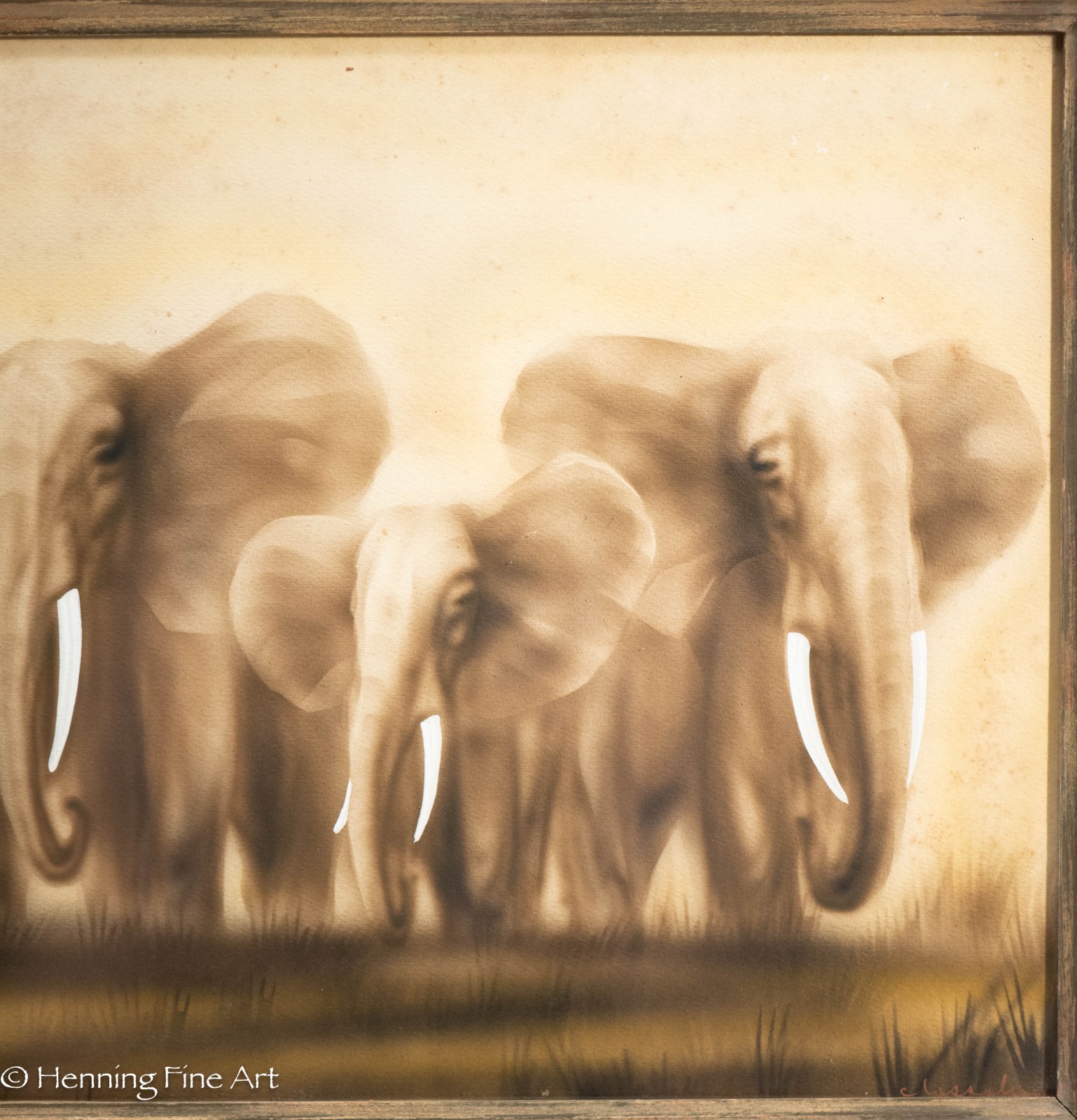 Beautiful Antique Painted Litho Elephant Family Illegibly Signed Framed 19 x 30″