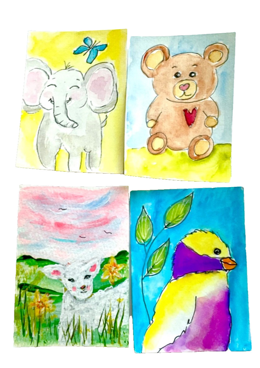 ACEO Original elephant bird lamb teddy bear bundle bulk 4 piece ATC OOAK