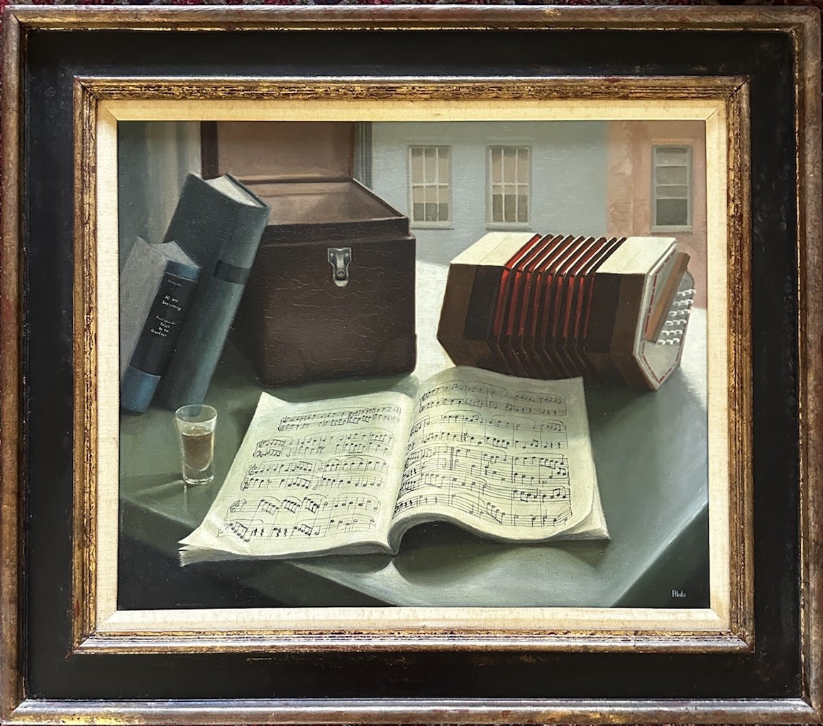 Mid Century Fine Art Still Life Oil Painting Music Accordion SIGNED ABDO.