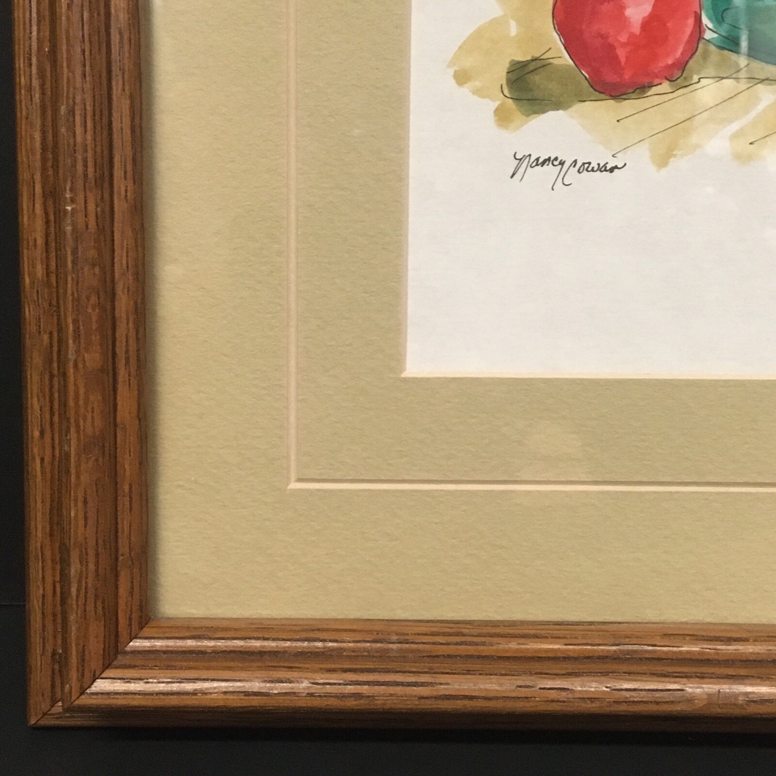 Nancy Cowan Signed Matted Framed Watercolor Blue Green Ball Jar Apple and Pear