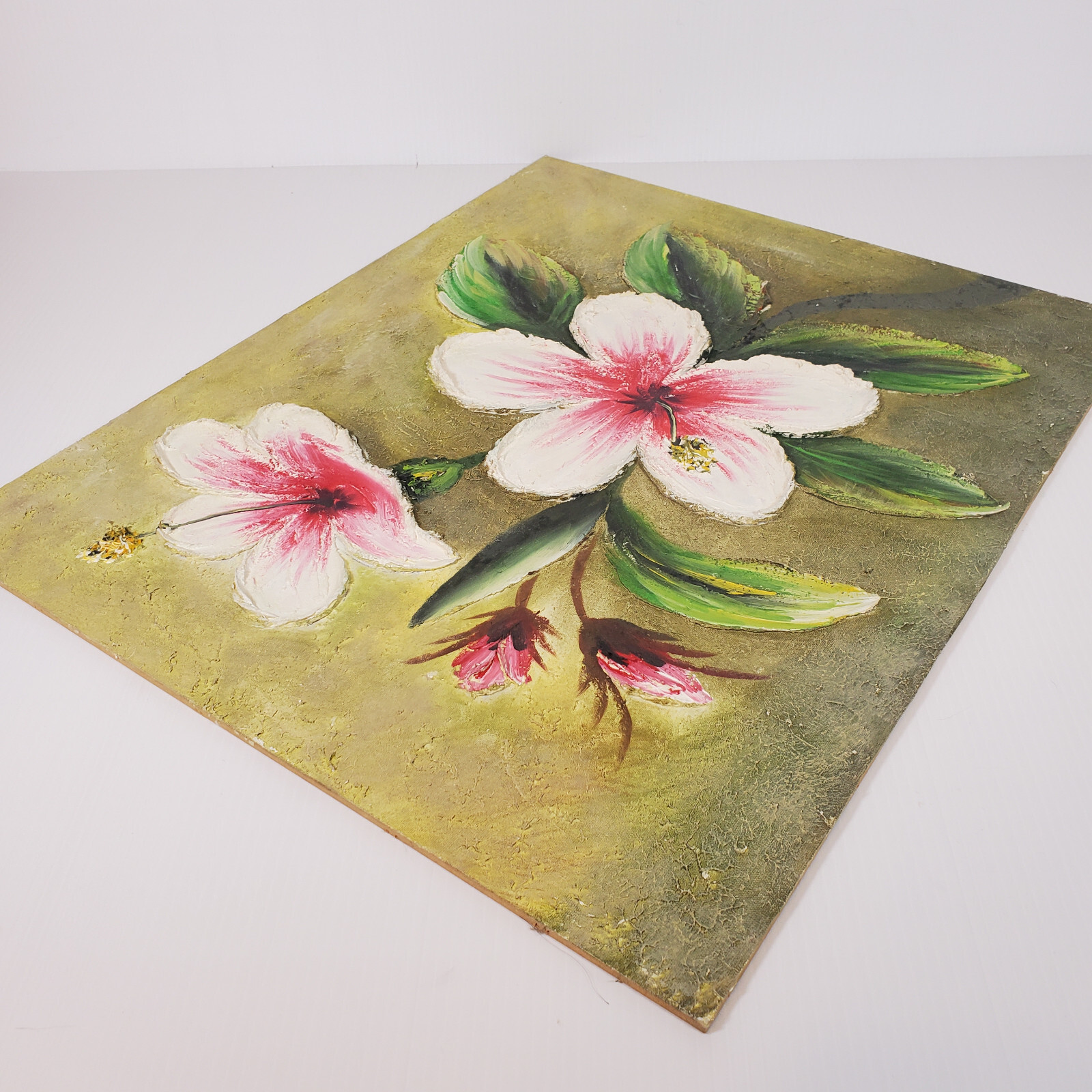 Tropical Flower Thick Spatula Impasto 24×20 Vtg Canvas Painting Masonite Board