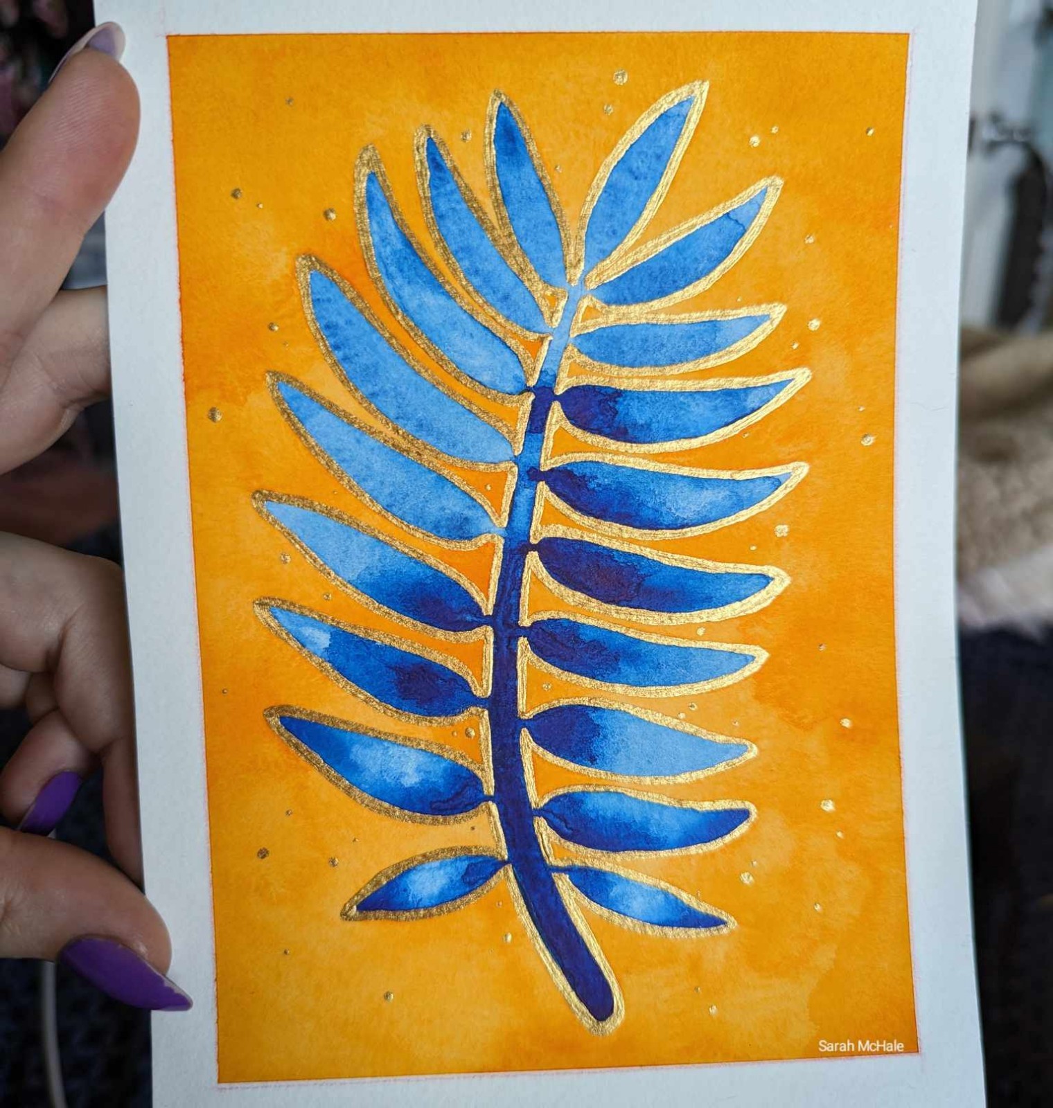 Sarah McHale Abstract Botanical Leaf Watercolor Painting on Orange Background