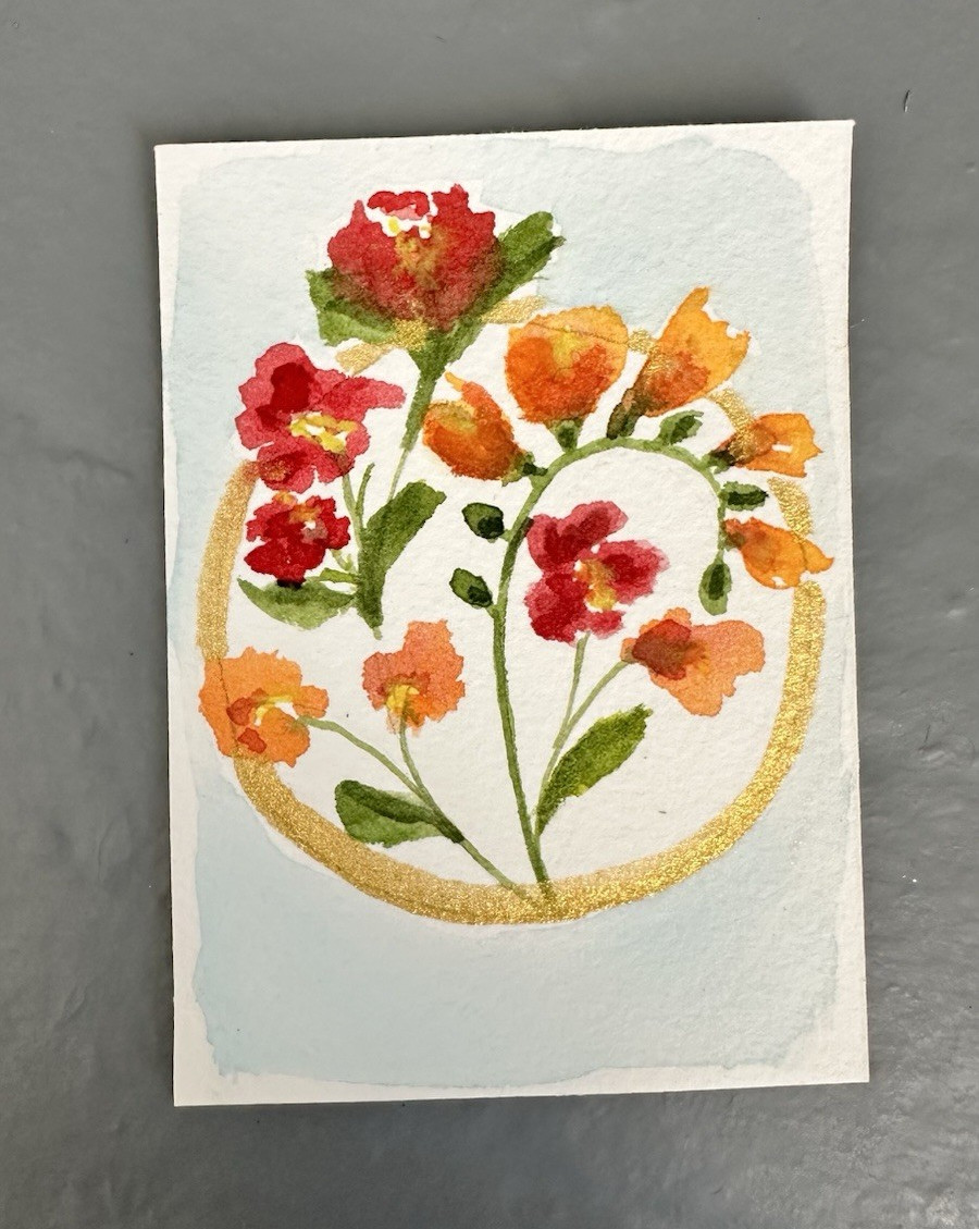 ACEO Original painting with loose florals in watercolor 3.5 . 2.5