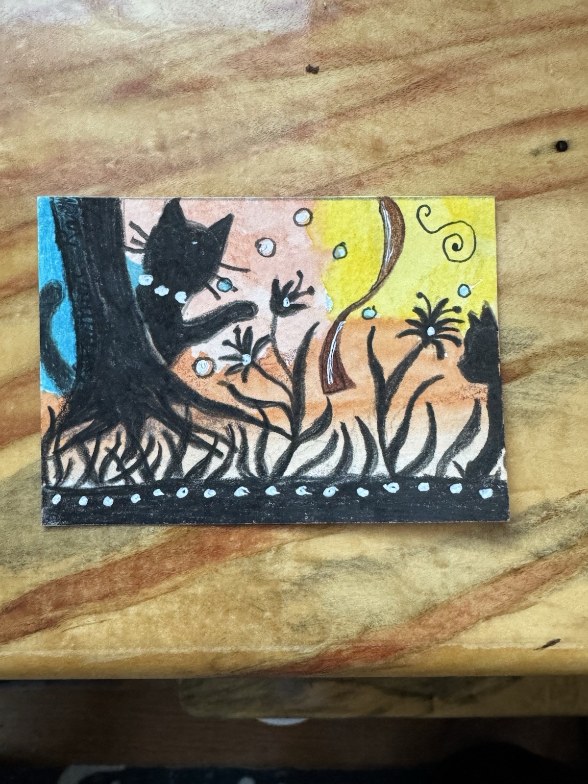 Aceo Original Art Trading Card, Fun Forest Scene With Cat Art By Sommer Rayn