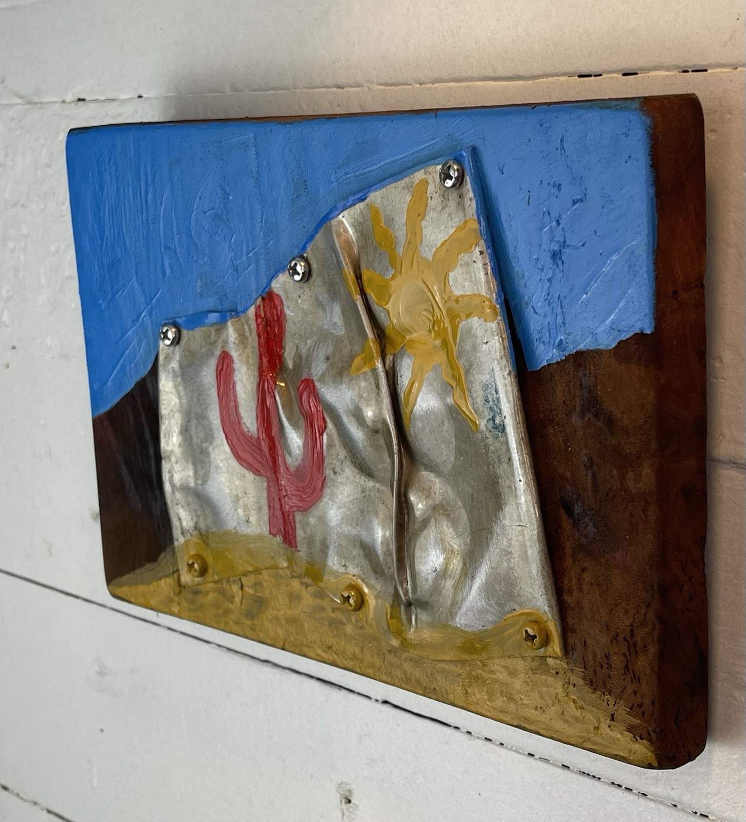 Painting Mixed Media Collage, Aircraft Aluminum, Oil, Acrylic On Wood, Desert