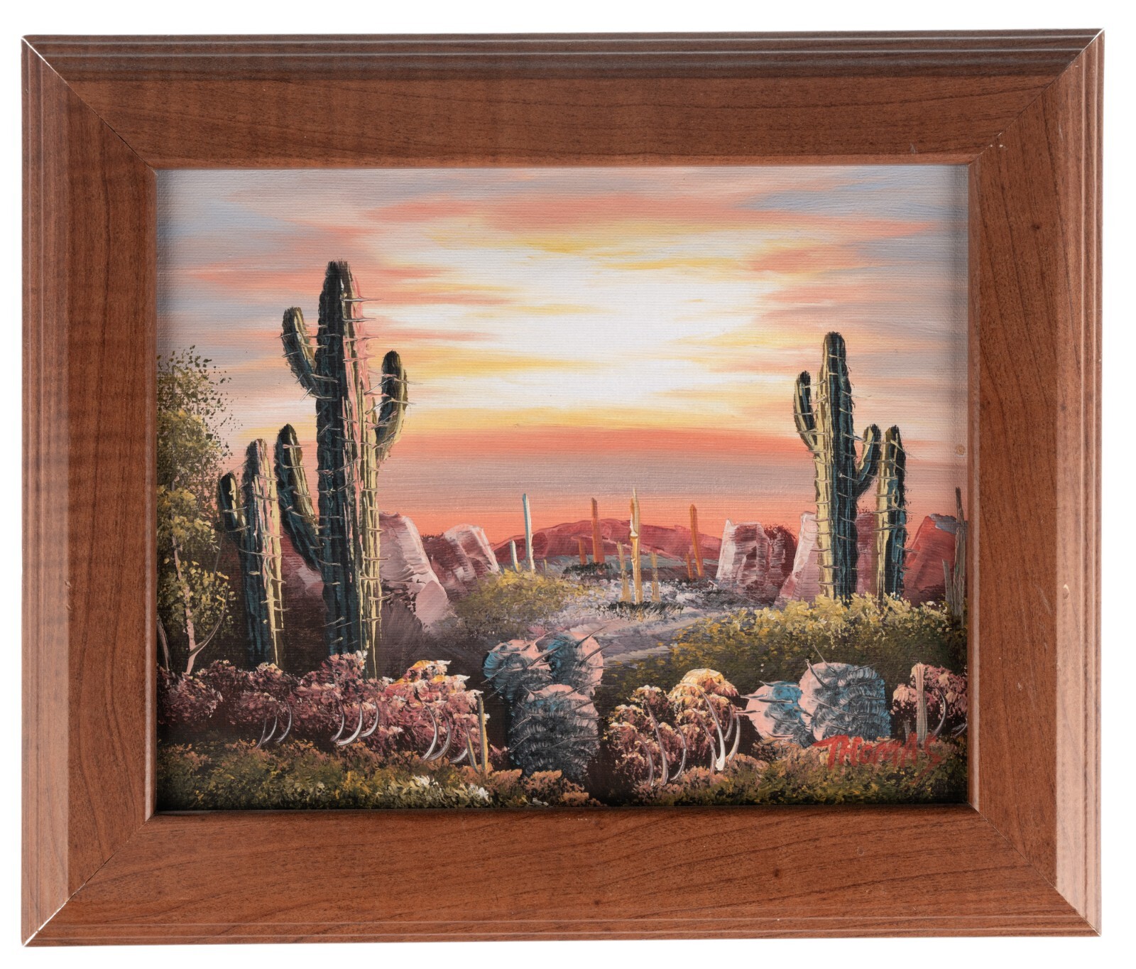 Small Oil Painting Desert Cactus Southwest Sunset Signed THOMAS 8x10in Original