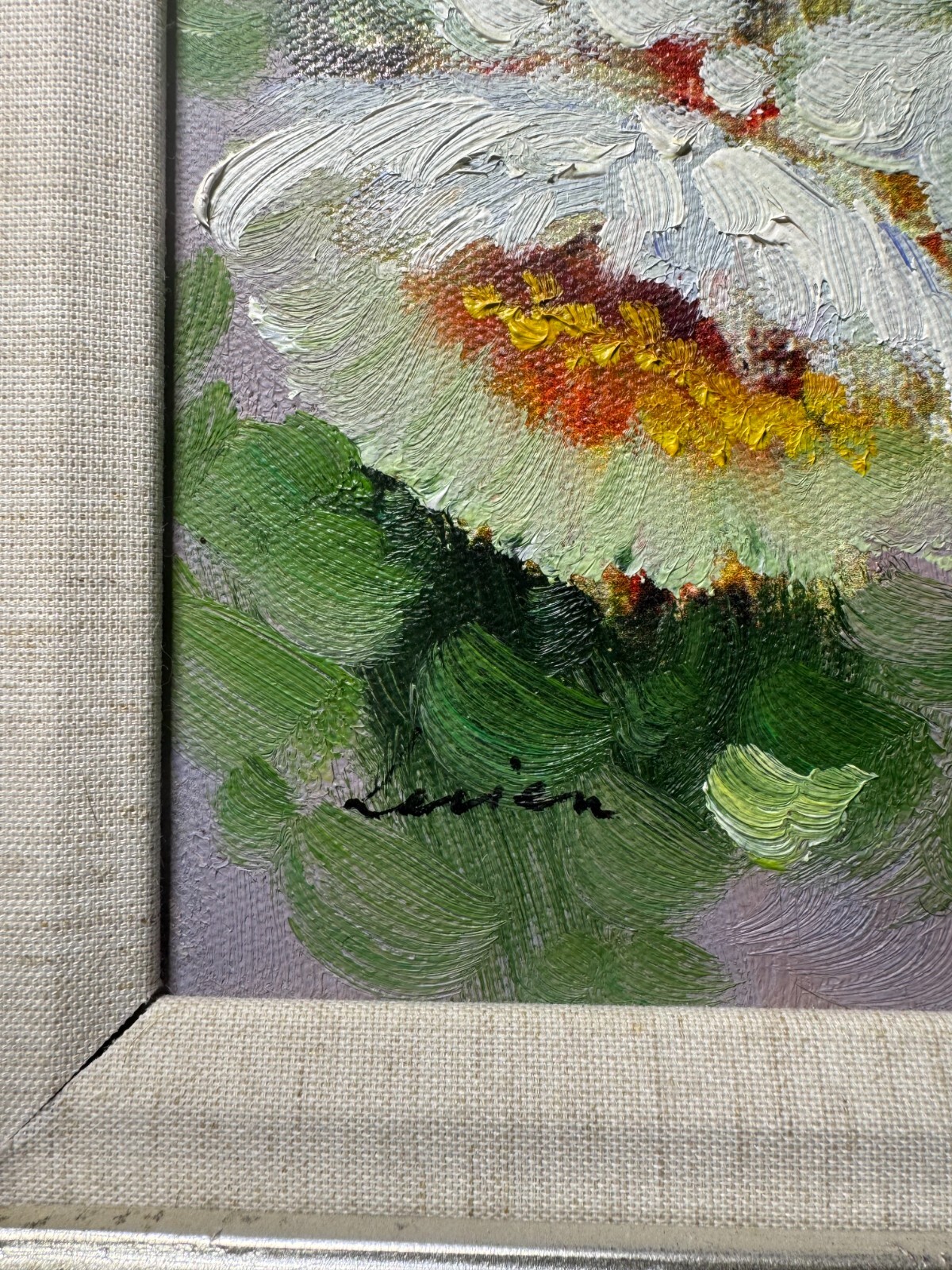 «Flowers In Blue Basket Scene» Oil On Canvas Painting – Signed And Framed