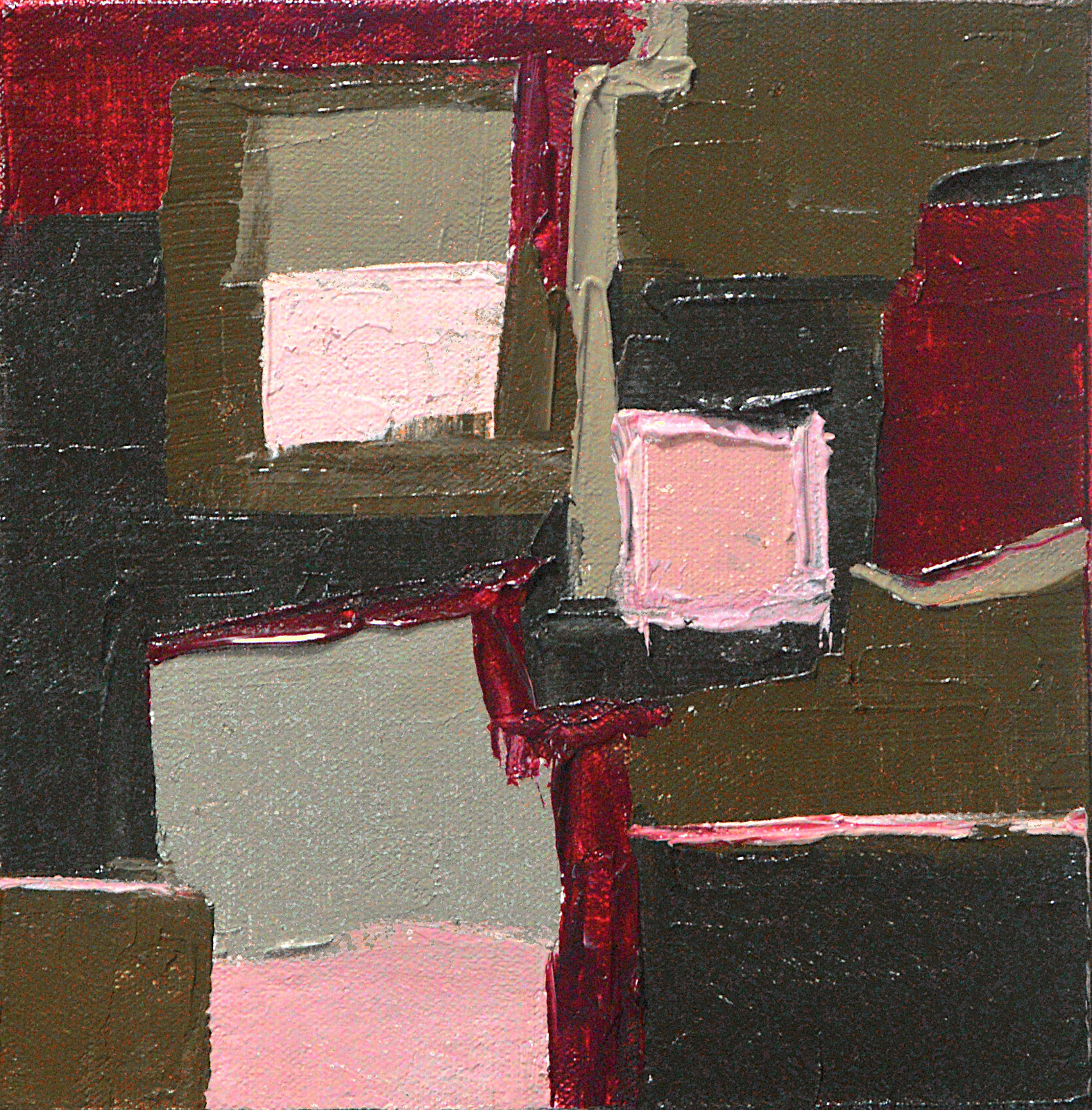 Framed Geometric Abstract Oil Painting Bold Red Pink Olive Green Textured Wall A