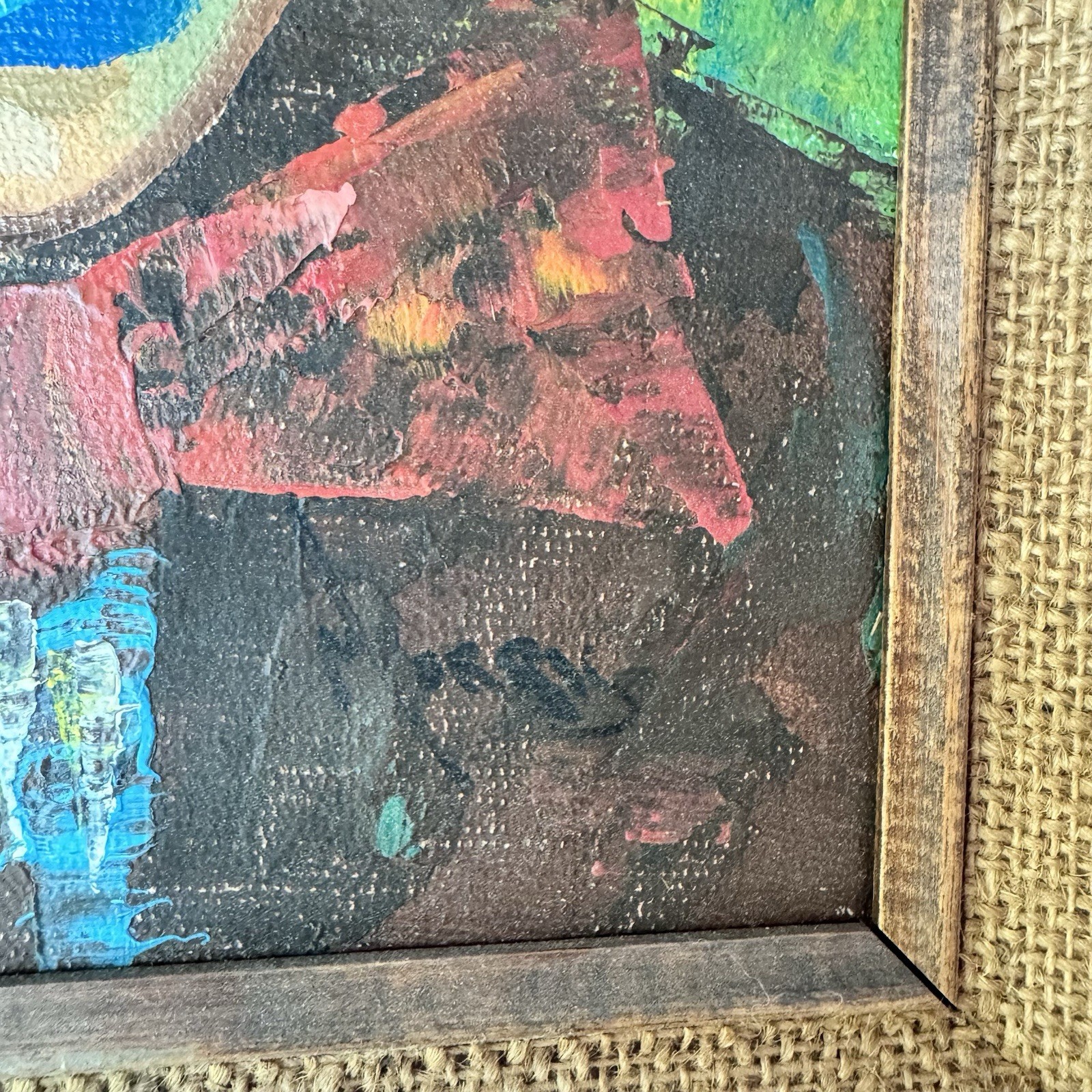 Vintage Framed Clown Painting Signed Wall Hanging Folk Art Mexico Colorful Sad