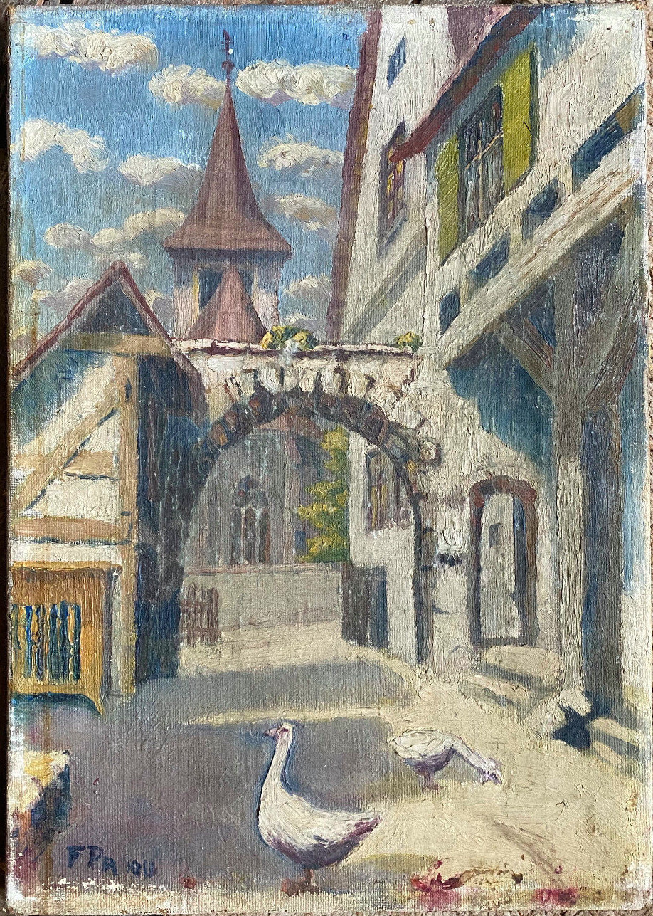 Oil Painting Monogr.fpr 1911 Geese Before Sttadttor With Church Tuscany Style