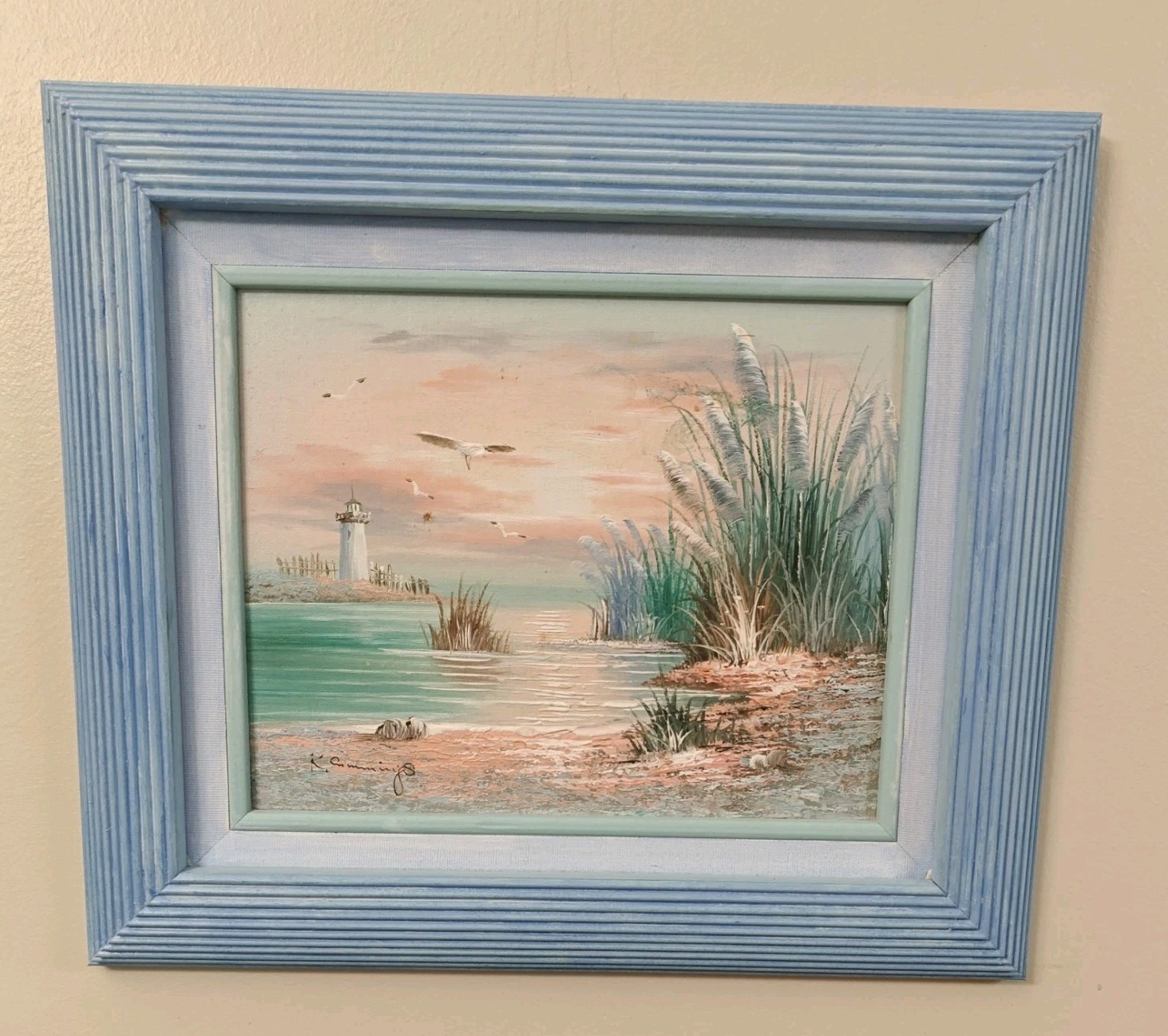 Vintage K Cummings Pastel Original Oil Sea Scape Wooden Framed Canvas Painting