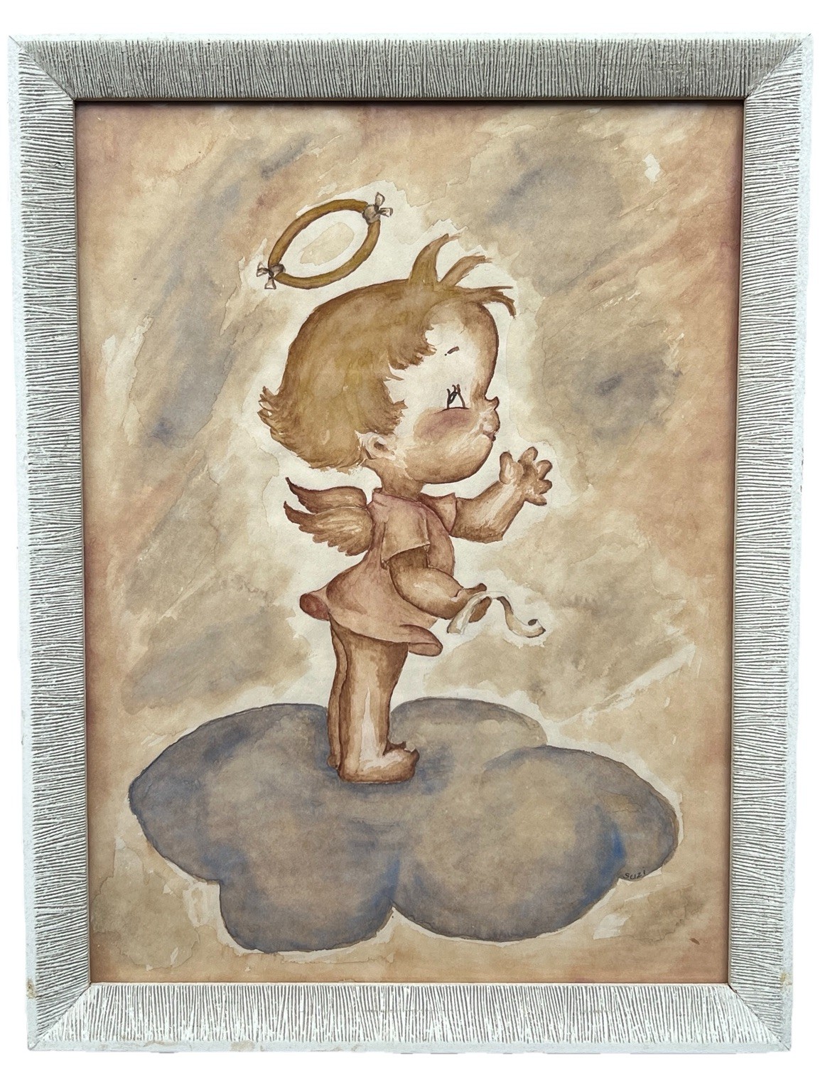 *Rare* Vintage 30s-40s Angel Baby Cherub Water Color Child’s Art Painting Framed