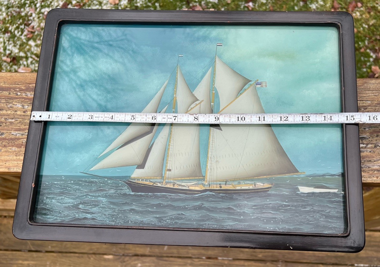 Vintage Framed Chinese Reverse Glass Painting American 2 Masted Schooner Ship