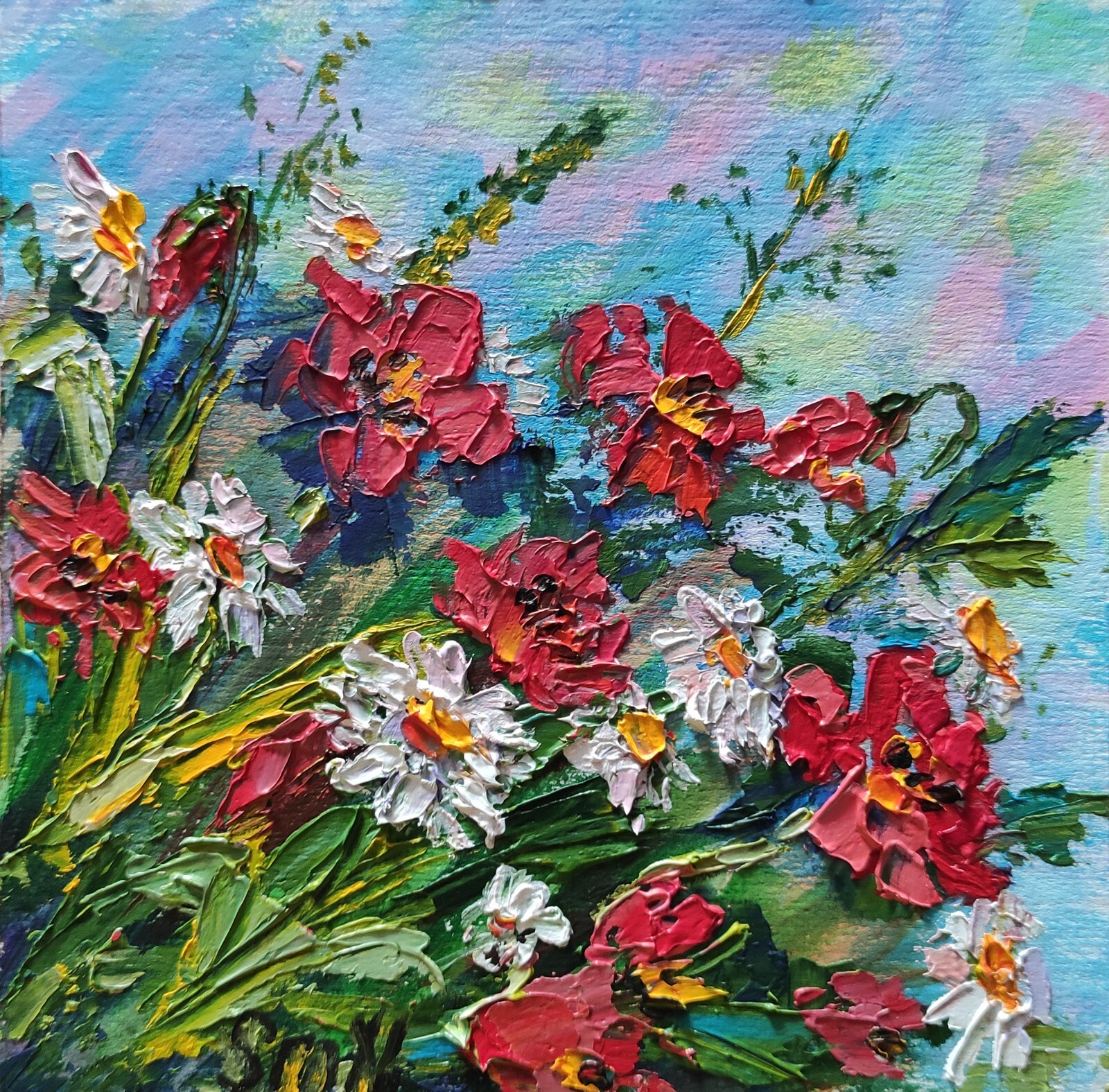 Small Original Flowers Painting – Affordable Wall Art Gift – Hand Painted 6×6 in