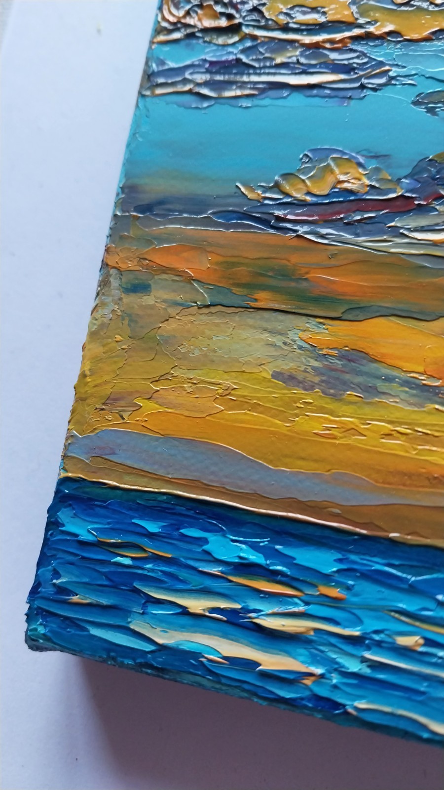 Mini Canvas Seascape Sunset Golden Clouds Over Sea 4×6″ Original Oil Painting