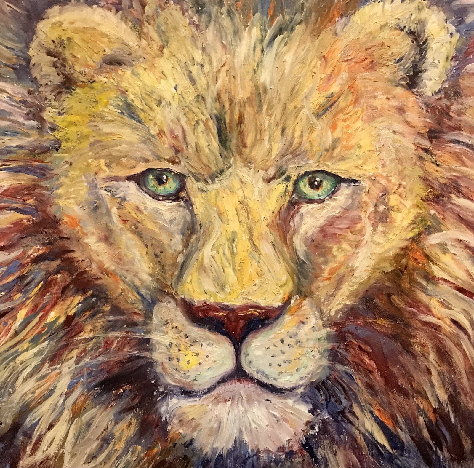Lion Head Oil Painting Original Big Cat Art Wild Animal Impasto Wall Decor 20×20